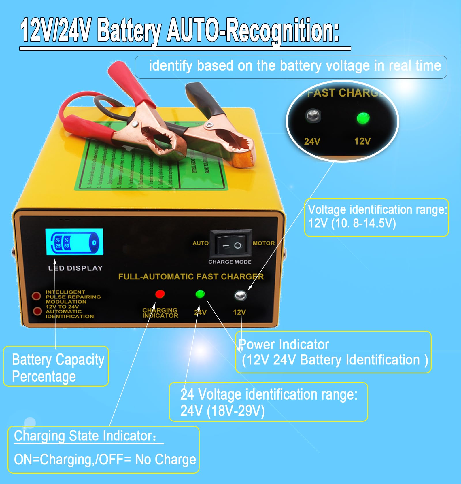12V 24V Smart Battery Charger for Lead Acid Batteries - 250W 10A Trickle Charger & Maintainer with LED Display - Perfect for Cars, Boats, Motorcycles & RV Battery Maintenance