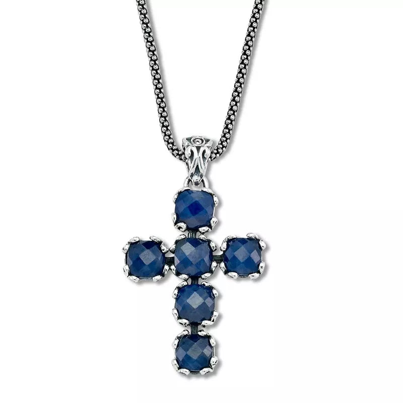 Blue Sapphire Glow Cross Pendant Necklace - Elegant Religious Jewelry for Women, Perfect for Church, Weddings & Special Occasions