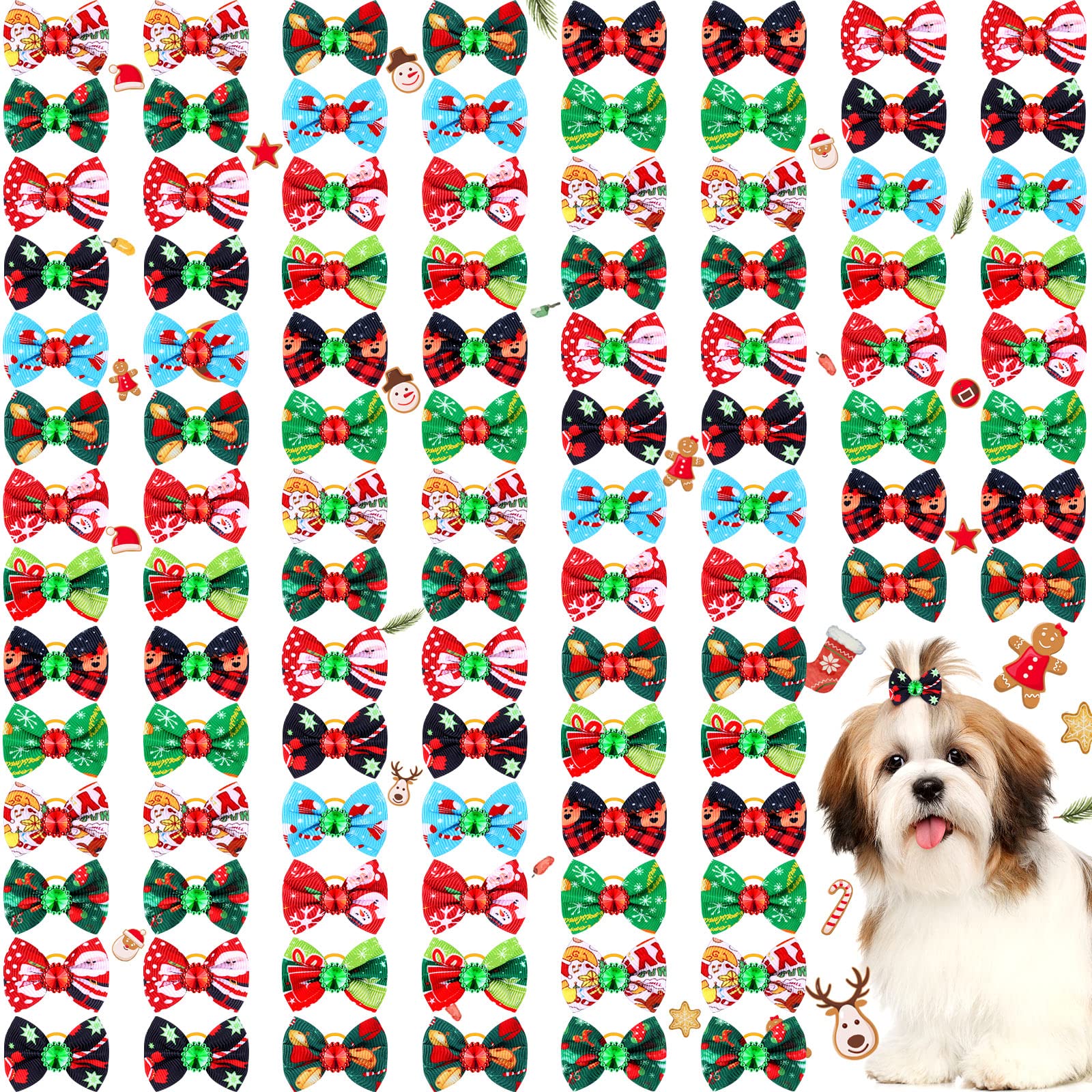 Tondiamo 100 Pack Christmas Dog Bows - Festive Rhinestone Hair Bows with Rubber Bands for Puppies & Dogs | Santa, Christmas Tree, Elk & Snowflake Designs | Perfect for Holiday Grooming, Pet Photos & Christmas Parties