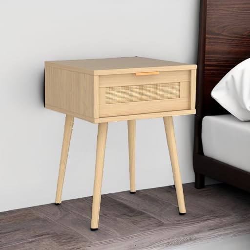 LAZZO Set of 2 Wooden Nightstands with Rattan Weaving Drawers - Modern Bedside Tables for Bedroom Storage, Night Stands with Drawer Organizer - Perfect for Small Spaces, Guest Rooms & Apartment Living (Set of 2)