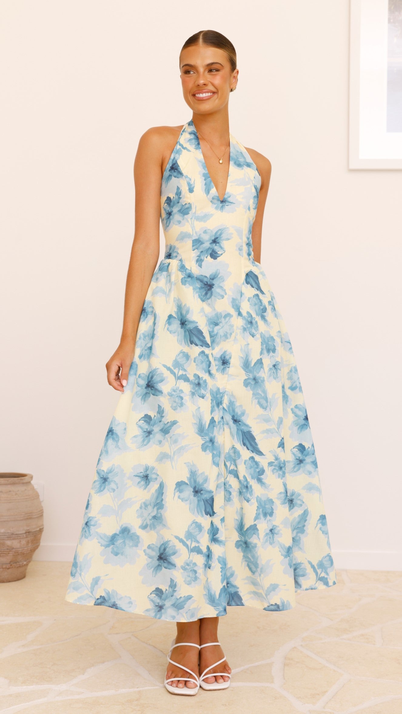 Bryony Halter Neck Maxi Dress - Yellow & Blue Floral Print Summer Beach Dress for Women | Perfect for Vacation, Pool Party & Boho Fashion