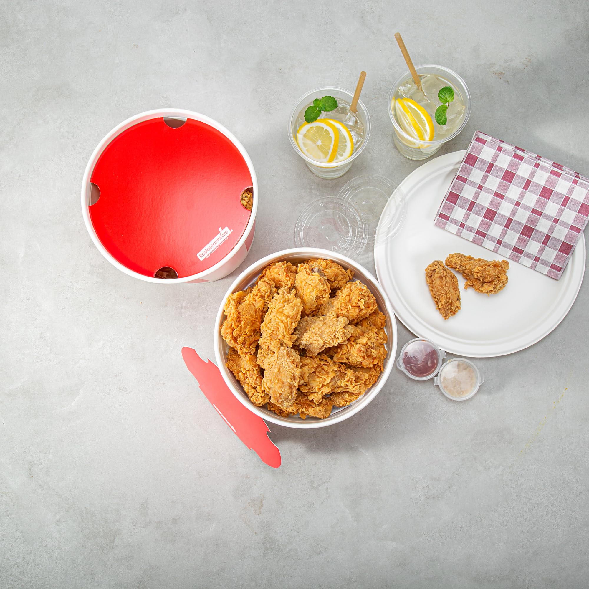 Restaurantware Bio Tek 130oz Chicken Buckets with Vented Lids - 100 Pack Greaseproof, Freezable Disposable Food Containers in Red & White - Ideal for Restaurants, Cafes, Takeout & Catering