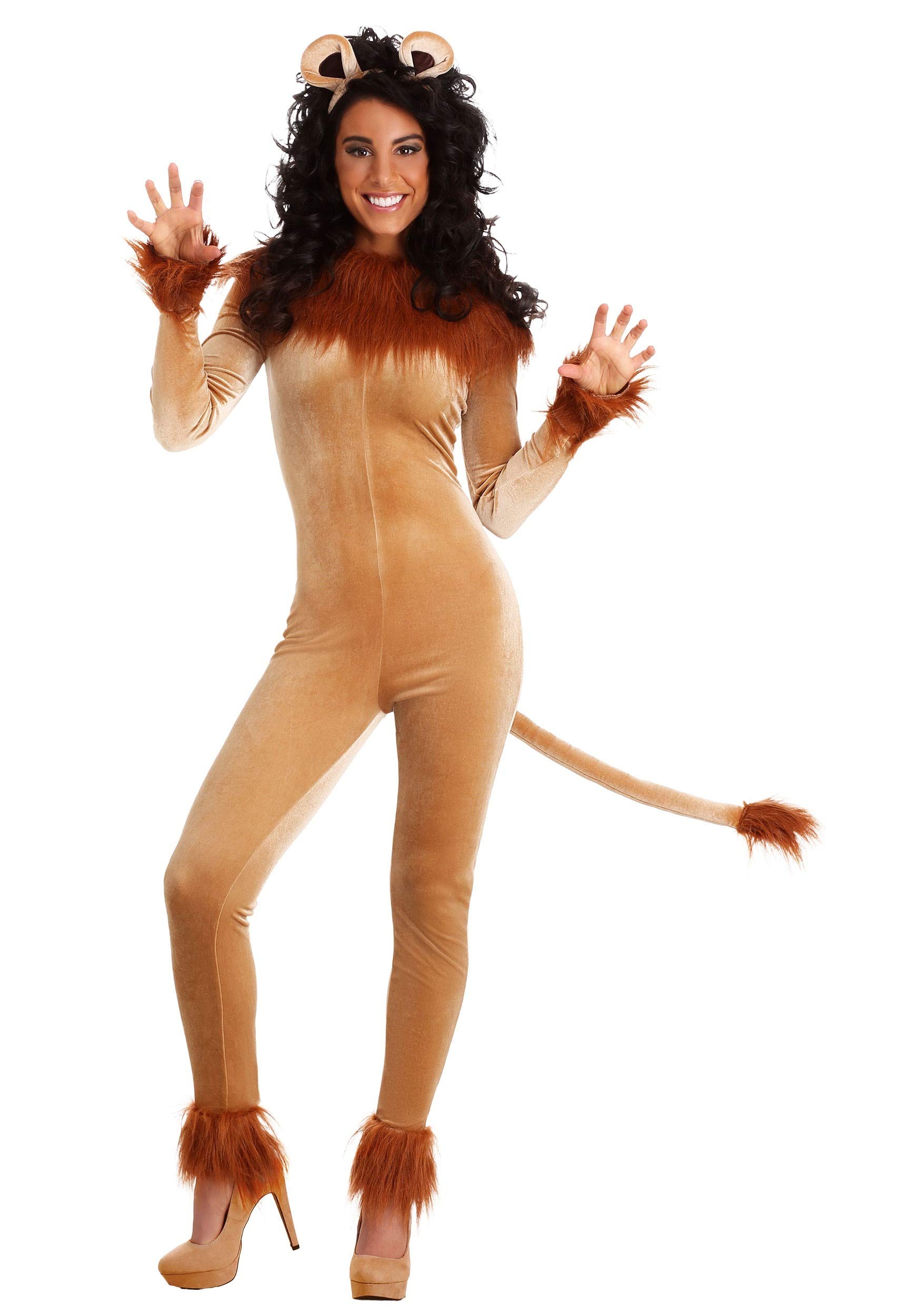 Fierce Lion Women's Costume Jumpsuit - Faux Fur Collar & Cuffs with Headband & Tail - Perfect for Halloween, Cosplay, and Themed Parties