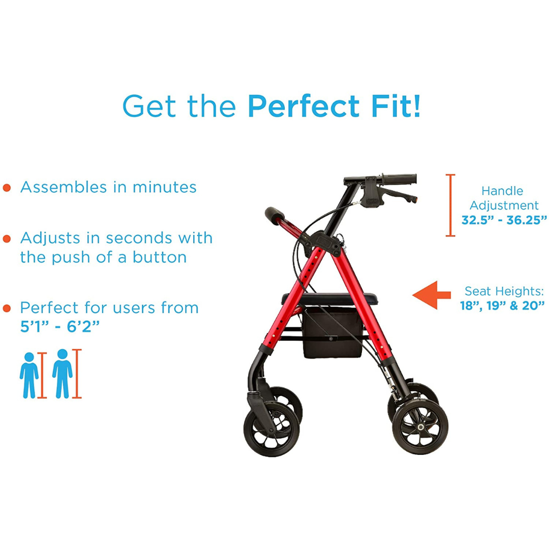 Heavy Duty Star 8 Rollator Walker for Seniors & Bariatric Patients - Foldable Mobility Aid with Seat & Basket for Indoor/Outdoor Use