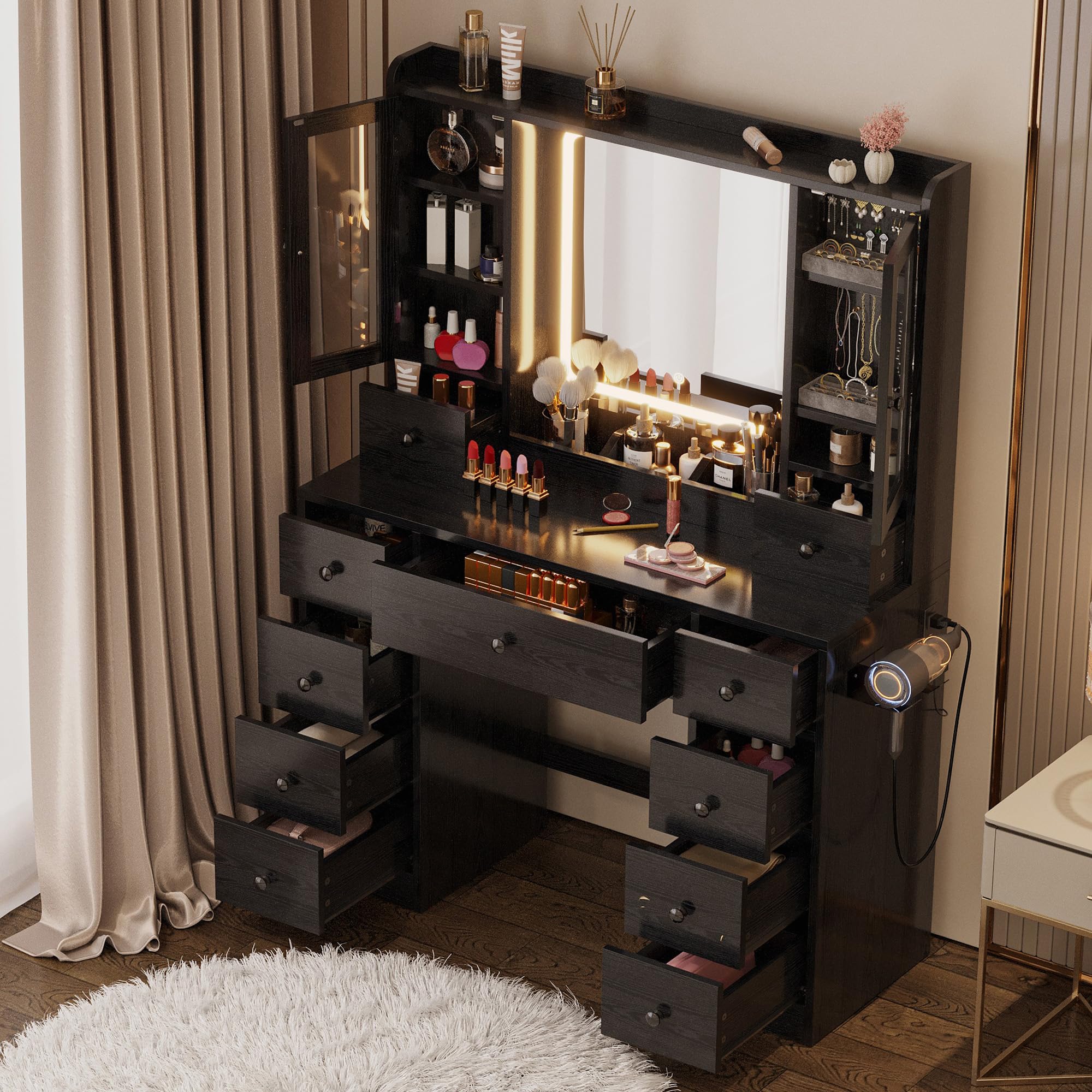 Black IRONCK LED Vanity Desk with Mirror & Charging Station - Perfect for Makeup & Jewelry Storage