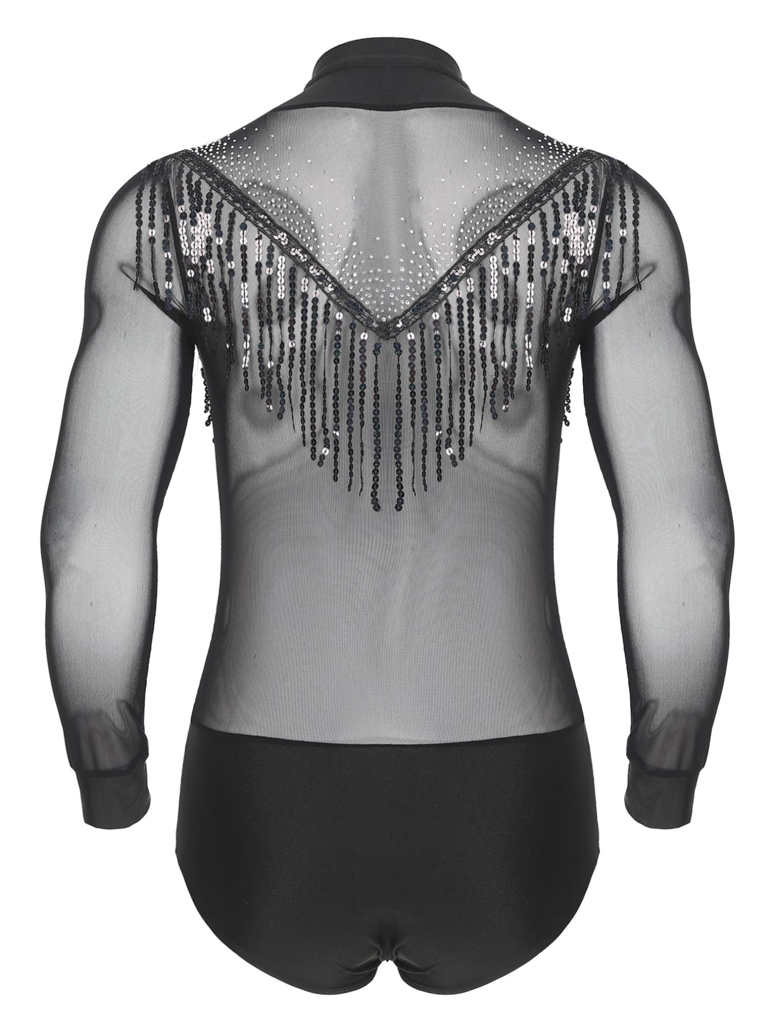 FEESHOW Men's Latin Dance Shirt - Sheer Mesh Patchwork Fringe Bodysuit for Salsa, Bachata, Tango - Modern Clubwear Performance Top for Dance Competitions & Nightlife