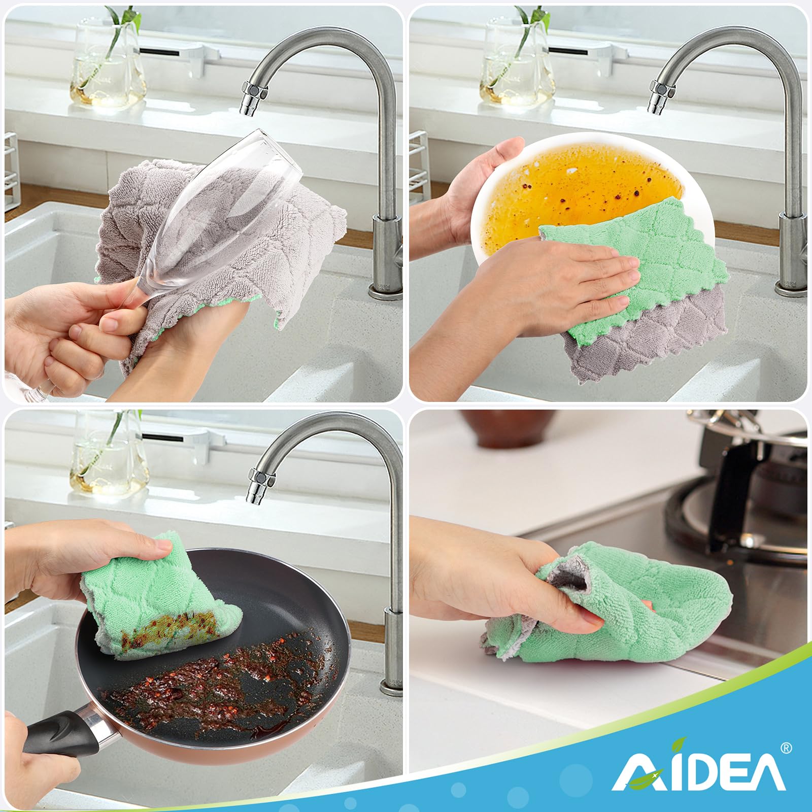 AIDEA 24 Pack Super Absorbent Microfiber Dish Cloths - Fast Drying & Reusable for Kitchen Cleaning