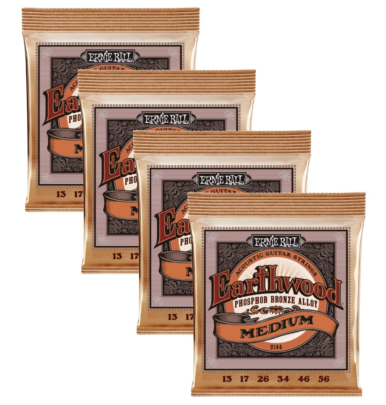 4-Pack Ernie Ball EARTHWOOD Acoustic Guitar Strings 13-56 Gauge (P02144) - Perfect for Folk, Blues & Country Music Performances