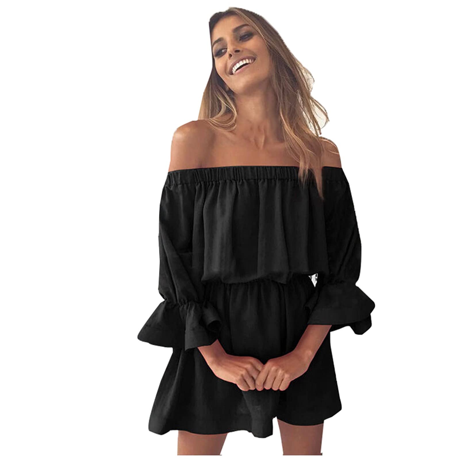 Women's Summer Sundress - Off Shoulder Mini Beach Dress with Frill Ruffle for Wedding Guest, Vacation & Holiday | Perfect for Beach Parties, Bridal Showers & Tropical Getaways