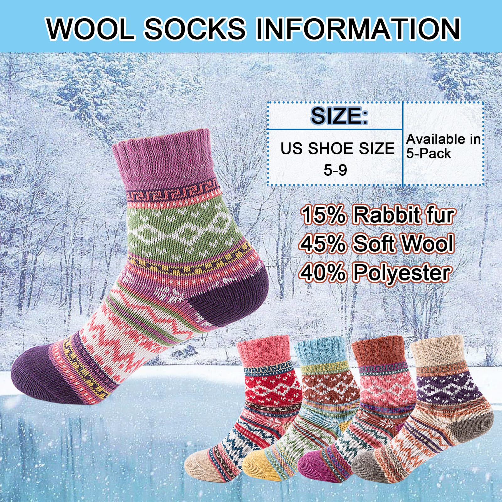 Warm Wool Socks for Women - 5 Pairs Cozy Winter Socks for Athletic & Casual Wear