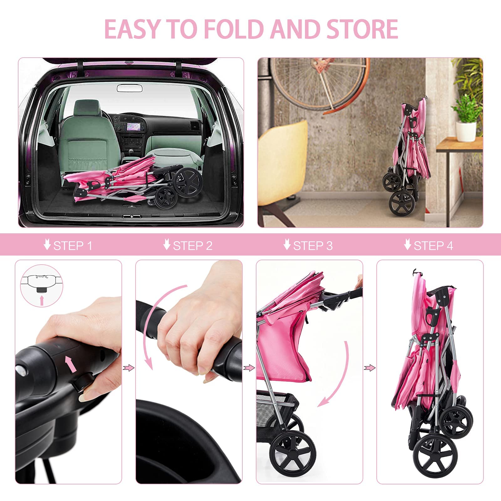 Foldable Lightweight Pet Stroller for Small & Medium Dogs & Cats - 4-Wheel Pink Dog Carrier with Storage Basket | Perfect for Park Walks, Vet Visits & Shopping Trips