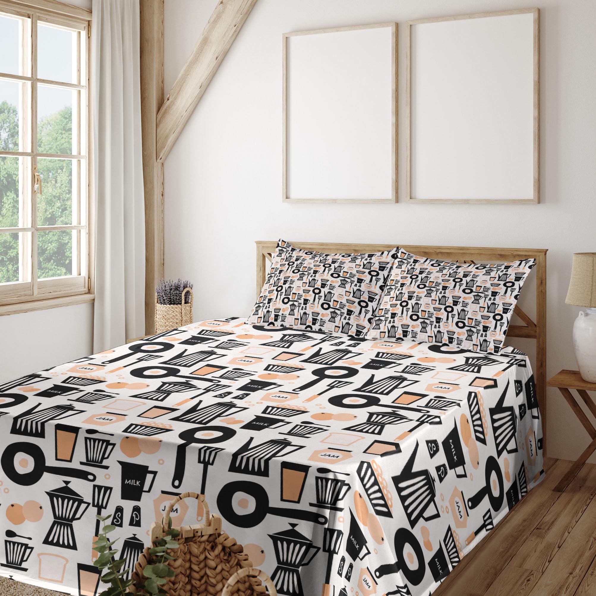 Ambesonne Retro Vintage Kitchen Utensils & Fruit Print 4-Piece Sheet Set - King Size Bedding with Fitted Sheet, Flat Sheet & Pillowcases in Charcoal Grey & Pale Peach - Perfect for Retro Themed Bedrooms & Cozy Farmhouse Decor