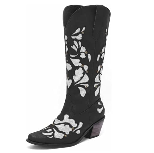 WAYERTY Embroidered Rhinestone Cowgirl Boots for Women - PU Leather Western Boots with Mid Block Heel, Plus Size Winter Warm Short Boots - Perfect for Country Dancing, Rodeo Events & Casual Fashion Outfits