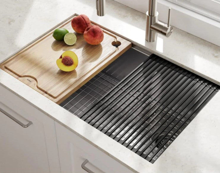 KRAUS Kore Workstation 27-inch Undermount Stainless Steel Single Bowl Kitchen Sink with Integrated Ledge, Accessories - Perfect for Modern Kitchens, Food Prep, and Dishwashing