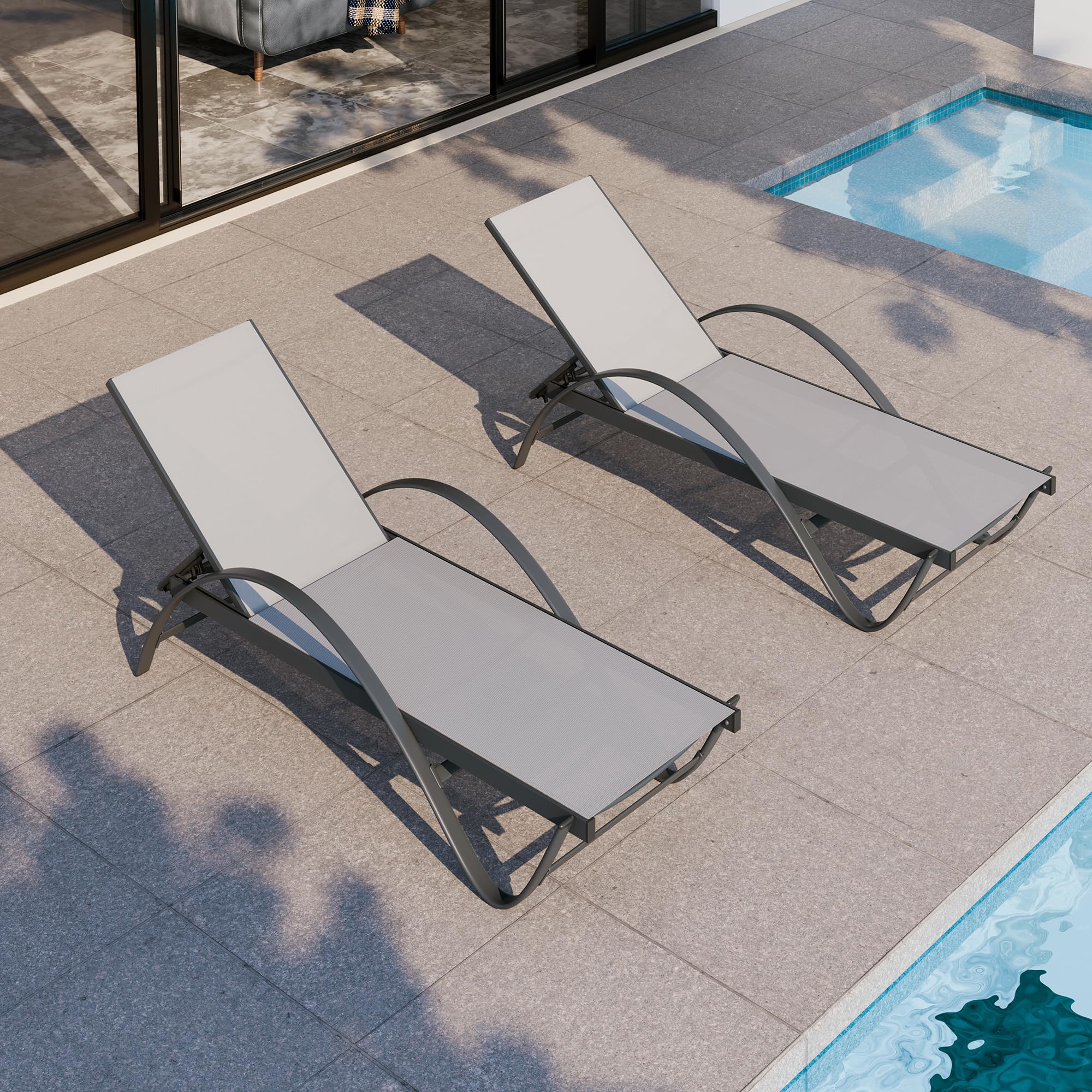 Shintenchi Patio Chaise Lounge Set of 2, Adjustable Pool Lounge Chairs with Armrests, 5-Position Reclining Outdoor Sunbathing Chairs, Light Grey Beach Recliners for Backyard, Deck, Swimming Pool & Resort