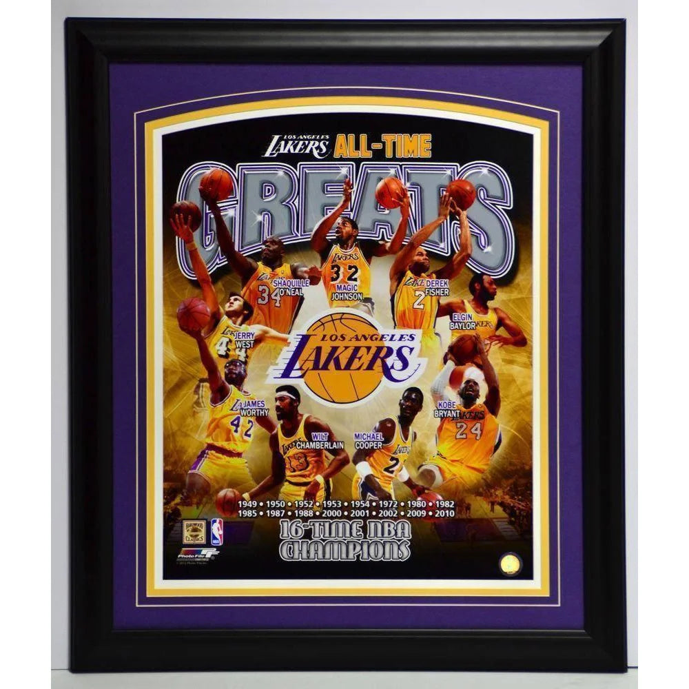 Los Angeles Lakers Legends Championship Framed Poster 20x24 - Magic Johnson, Kobe Bryant, Shaquille O'Neal, Wilt Chamberlain - Perfect for Man Cave, Sports Bar, Lakers Fan Gift