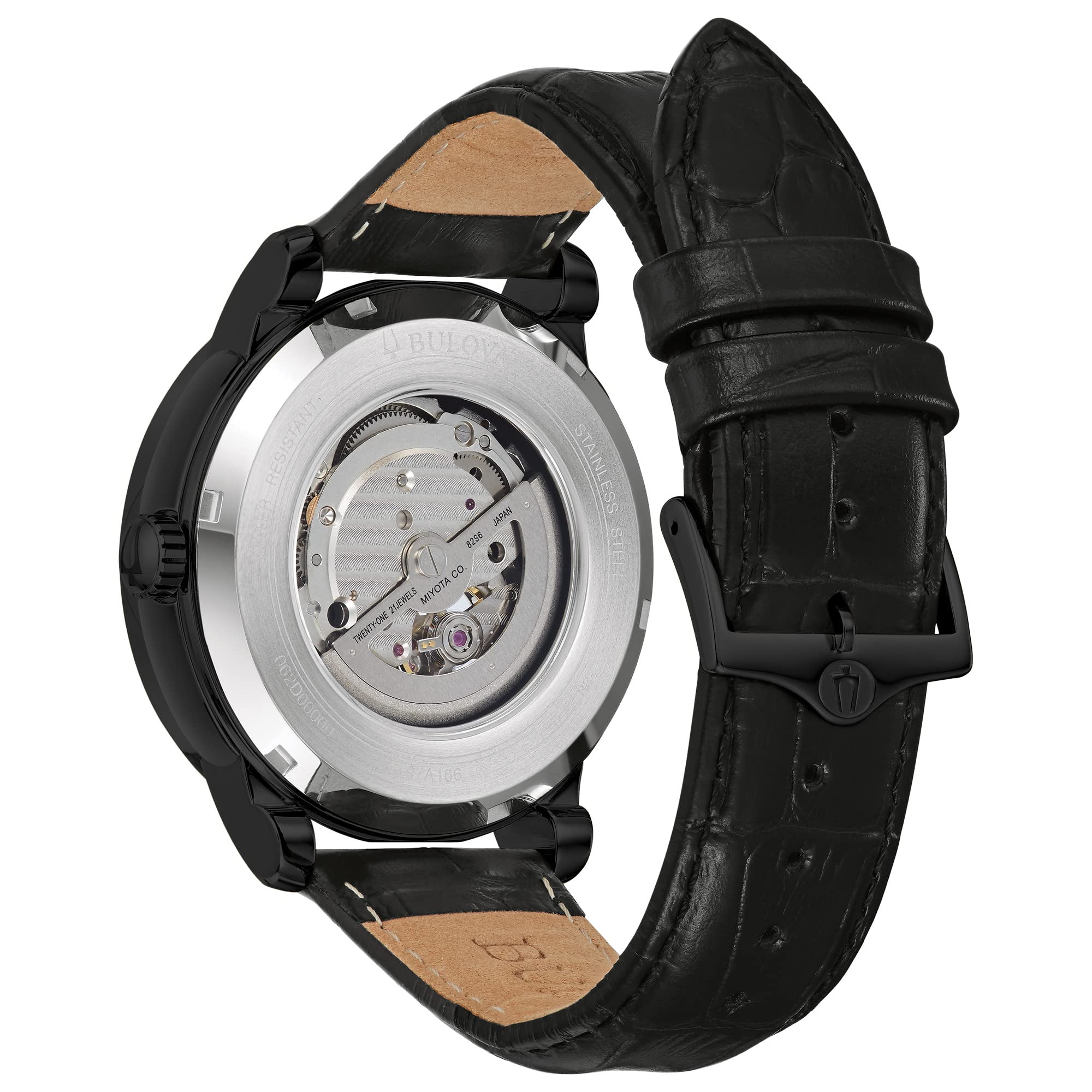 Bulova Men's Automatic Leather Watch with 21 Jewels, Hack Feature & Luminous Hands - 45mm Open Aperture Design for Business & Casual Wear