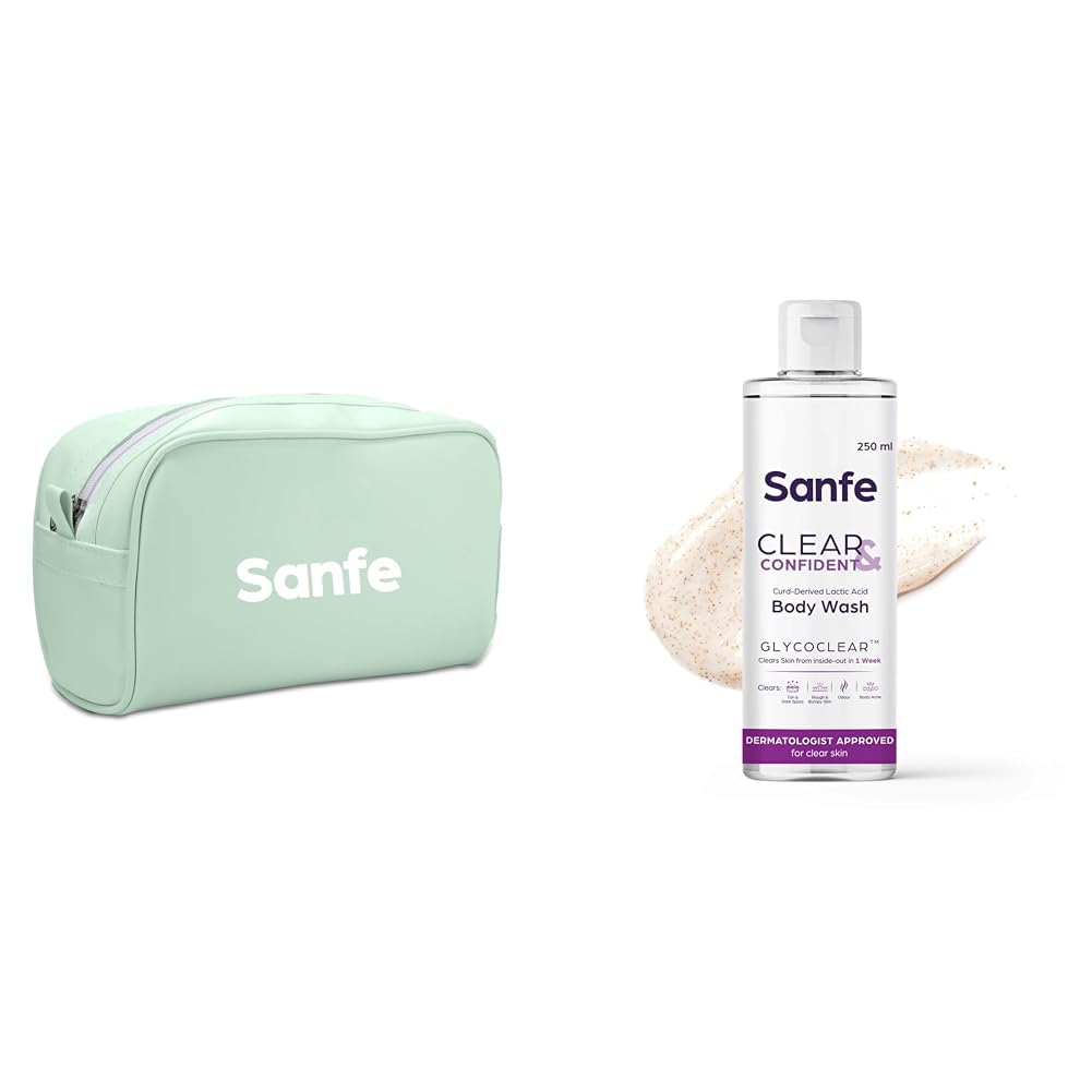 Sanfe Travel Pouch Kits Essentials Bag | Glycolic Acid Body Wash with AHA Exfoliation for Rough & Bumpy Skin, Tan, Acne & Strawberry Skin – 250ml Daily Shower Gel for Smooth Skin from First Use | Perfect for Travel, Gym & Daily Skincare Routine