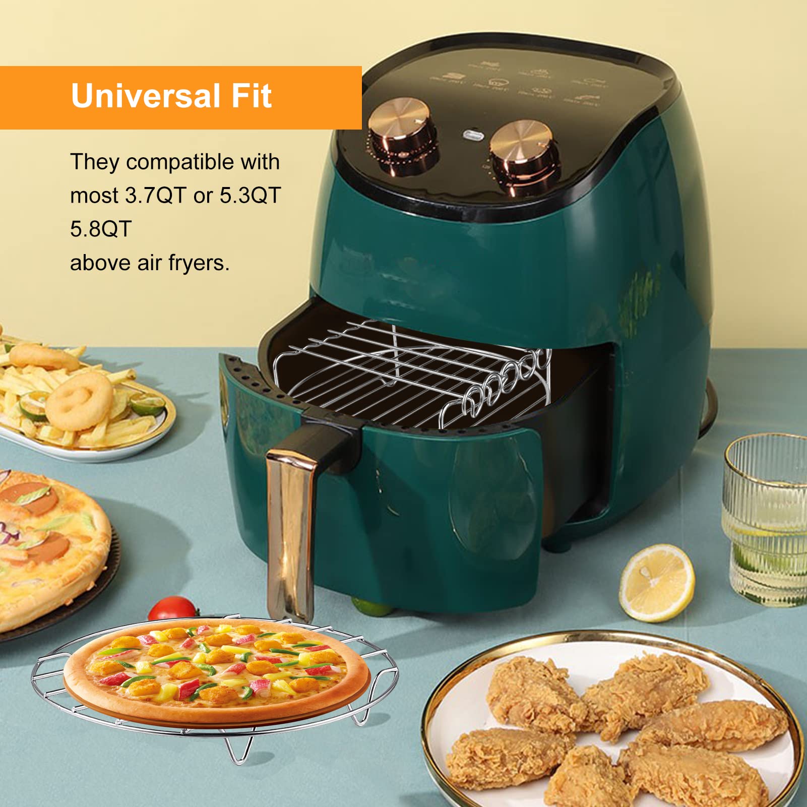 2-Pack Air Fryer Rack Set - Double Layer Metal Wire Rack with Skewers for Ninja, Power XL, Cosori, Instant Pot, Gourmia & Chefman - Multi-Purpose Dishwasher Safe Air Fryer Accessories - Perfect for Roasting, Baking & Grilling in Air Fryer Ovens