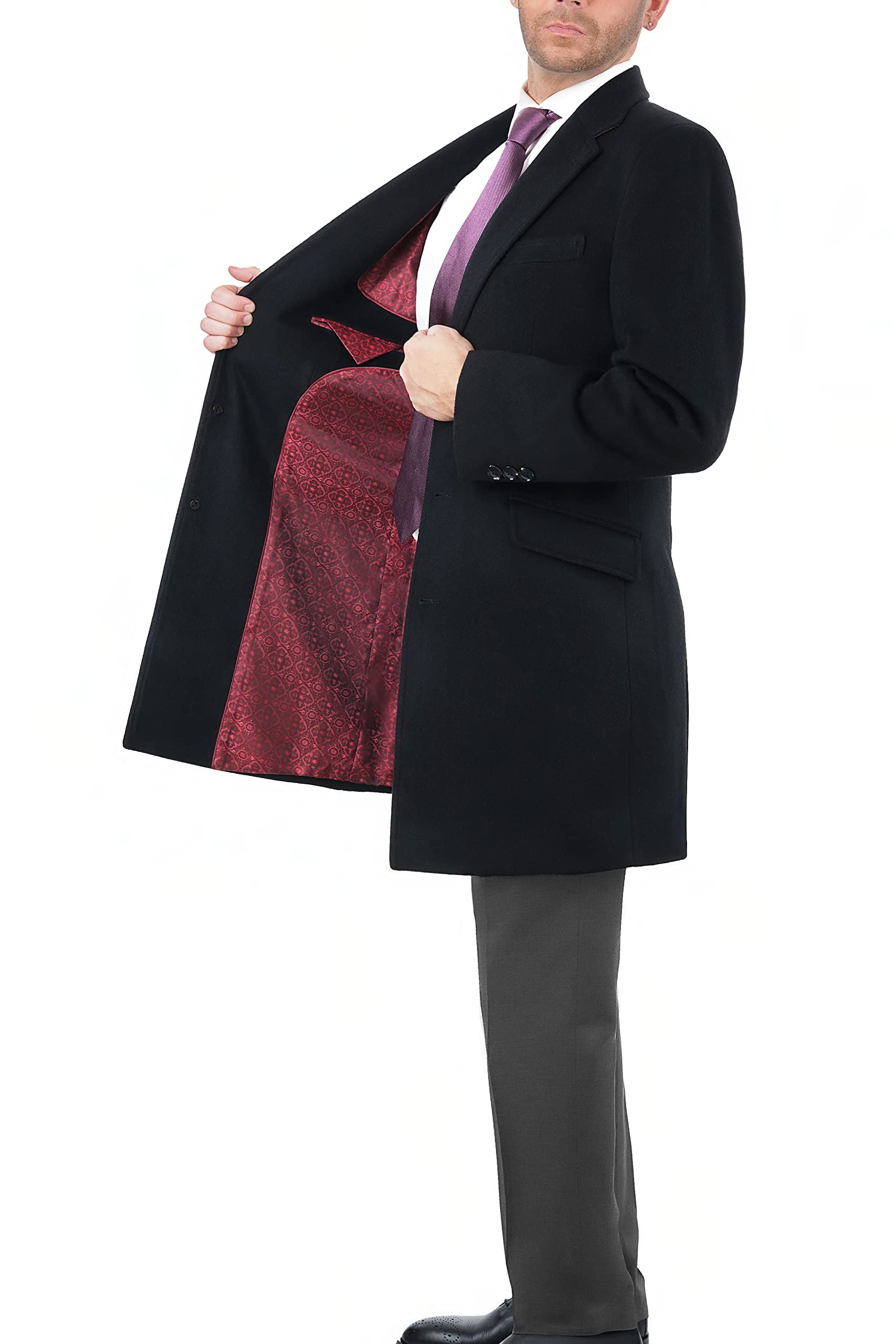 Premium Men's Wool Cashmere Blend Single-Breasted Black 3/4 Length Top Coat - Winter Business Formal Overcoat for Office, Weddings & Special Occasions