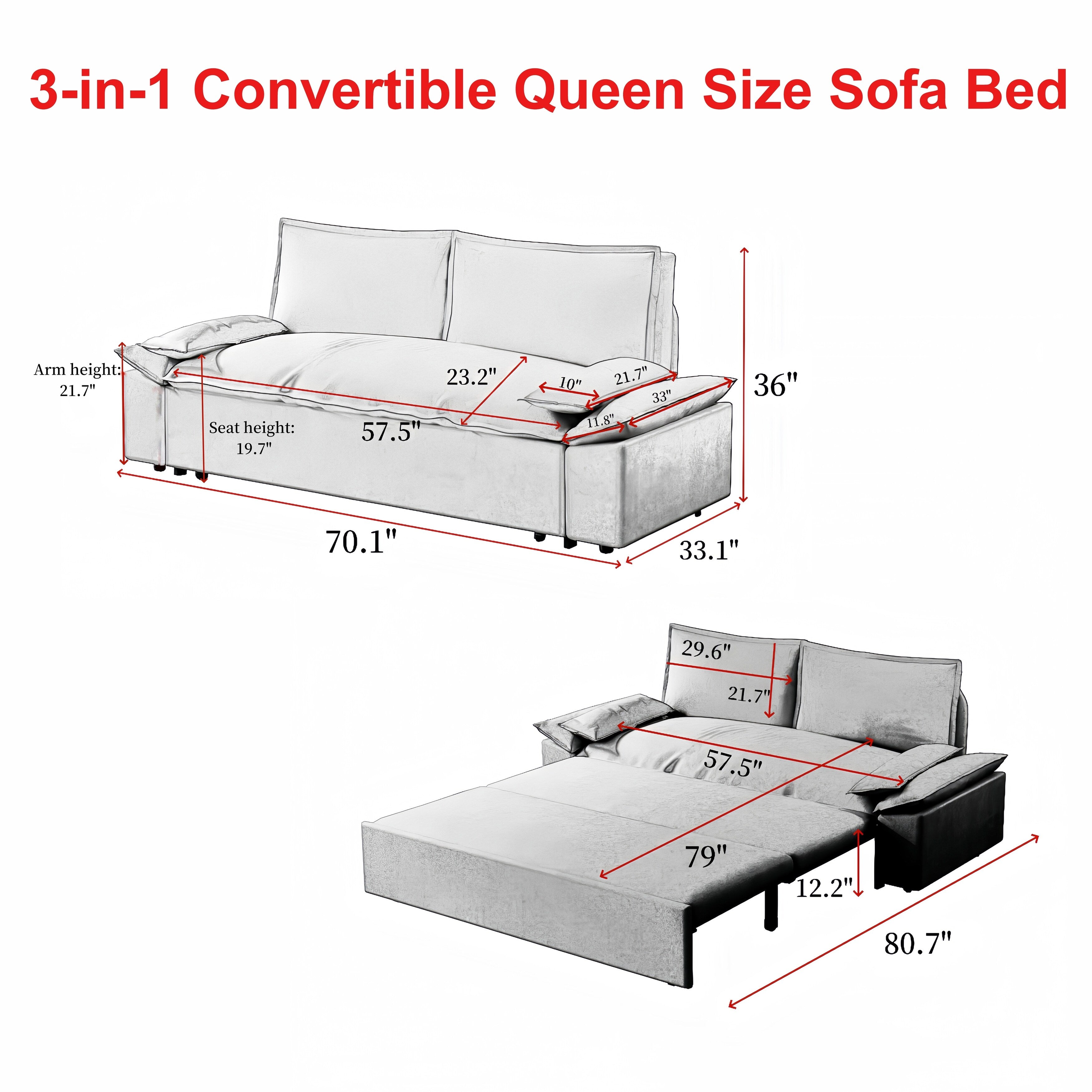 3 in 1 Convertible Sleeper Sofa Bed - Queen Size Pull Out Couch with Velvet Upholstery & Pillows - Space Saving Furniture for Small Apartments, Guest Rooms & Home Offices