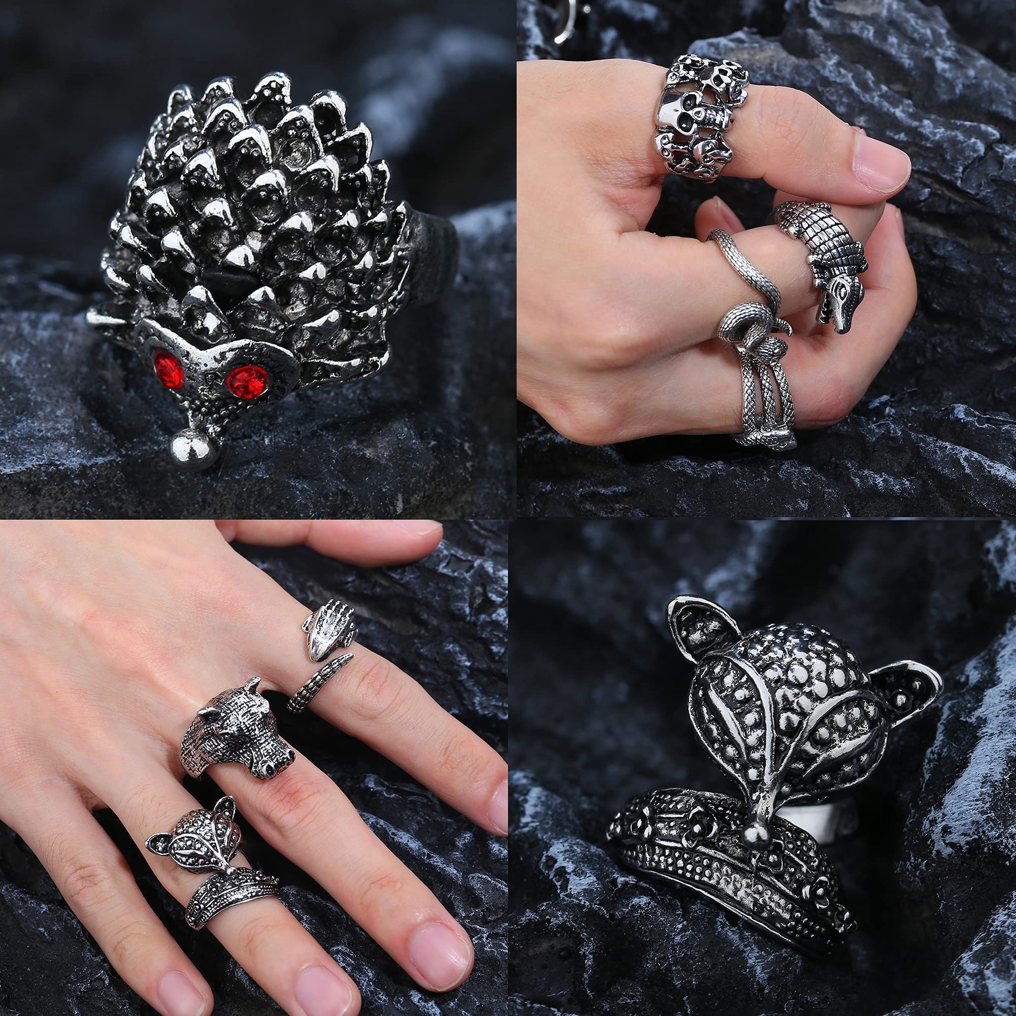 16Pcs Gothic Open Rings Set for Men & Women - Punk Adjustable Snake Dragon Claw Animal Rings - Vintage Goth Skull Rings - Perfect for Punk Fashion, Indie Aesthetic & Gothic Jewelry Collection