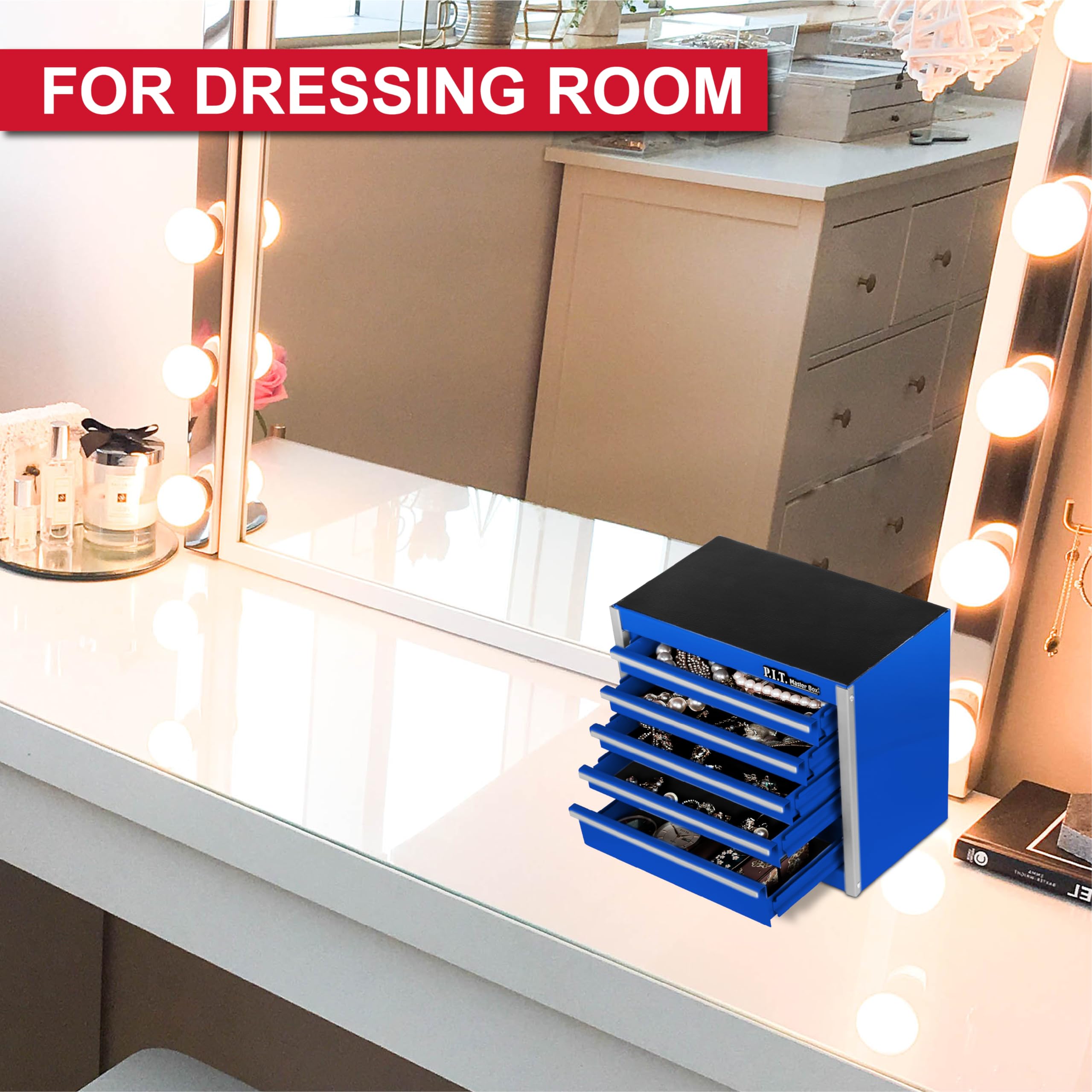 P.I.T. Mini Blue 5-Drawer Steel Tool Box - Portable Stackable Tool Storage Case with Liner for Home DIY, Garage & Workshop Organization - Perfect for Mechanics, Handymen & Craft Enthusiasts