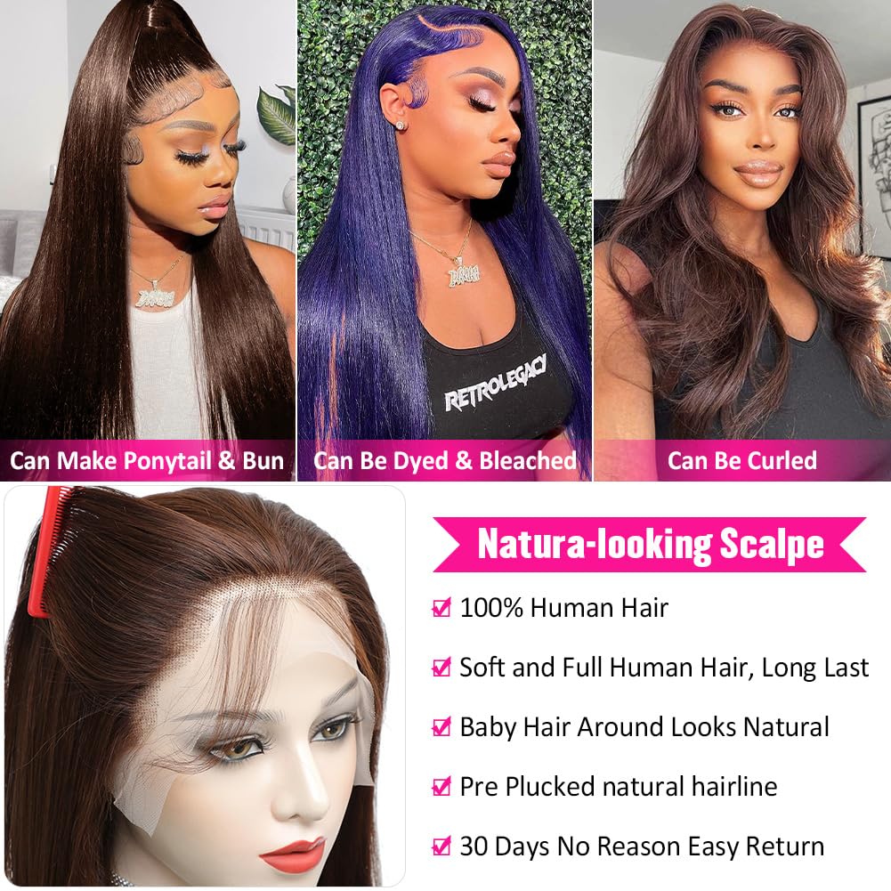13x4 Brown Lace Front Wigs Human Hair with Baby Hair | 180% Density Straight Chocolate Lace Frontal Wig | Pre-Plucked Hairline | 4# Brown 16 Inch | Perfect for Daily Wear, Cosplay & Special Occasions