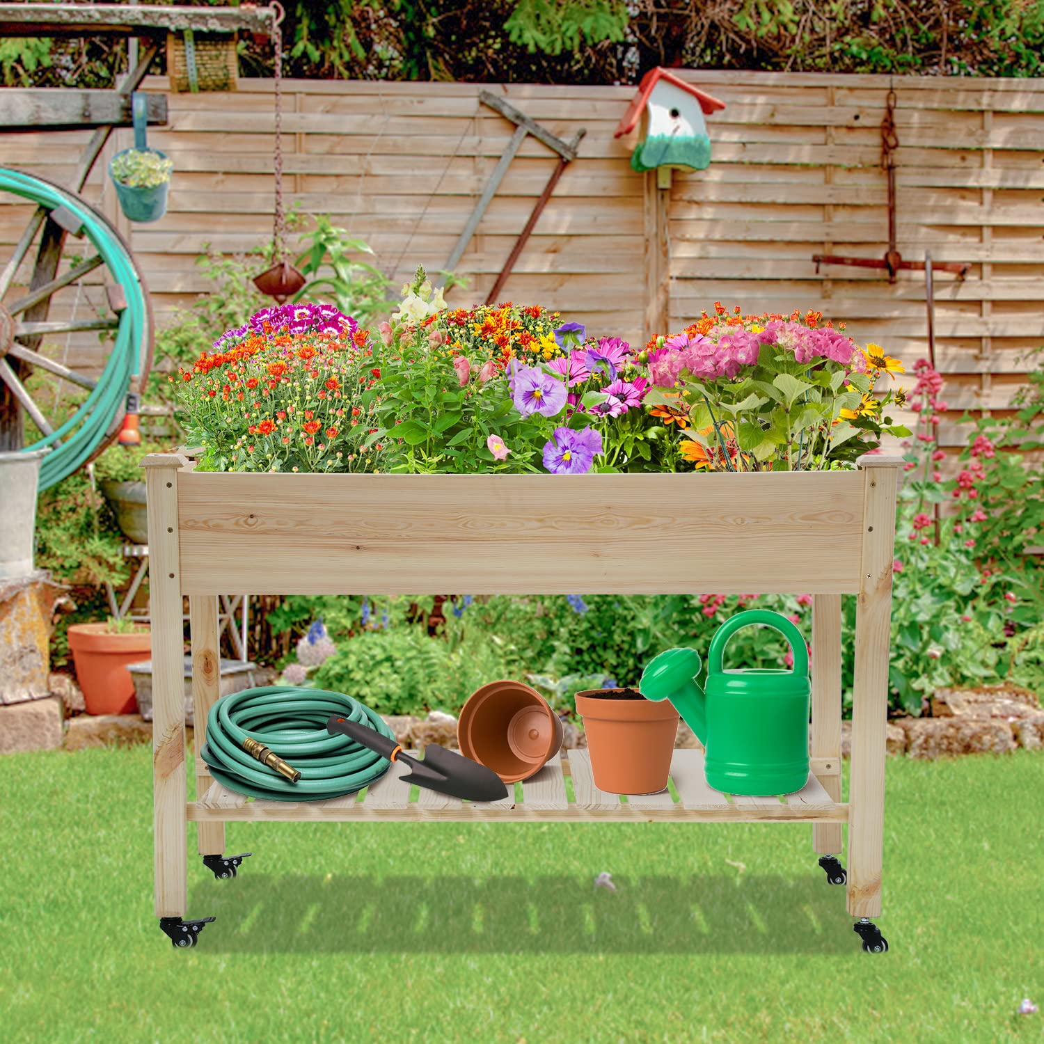 Elevated Raised Garden Bed Kit with Wheels & Shelf - Wood Planter Box with Legs for Outdoor Gardening, Patio, Backyard & Greenhouse - Perfect for Growing Vegetables, Herbs & Flowers