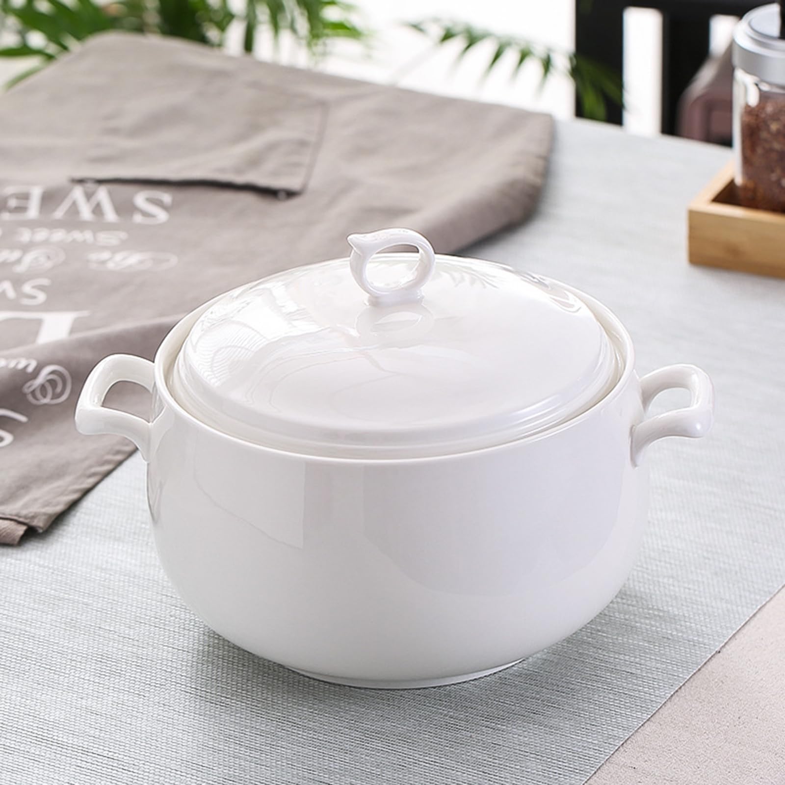 3L Ceramic Soup Tureen with Lid - Large Round Serving Bowl with Loop Handles, Microwave & Dishwasher Safe Pure White Porcelain Tureen for Kitchen - Perfect for Family Dinners, Holiday Meals & Restaurant Serving