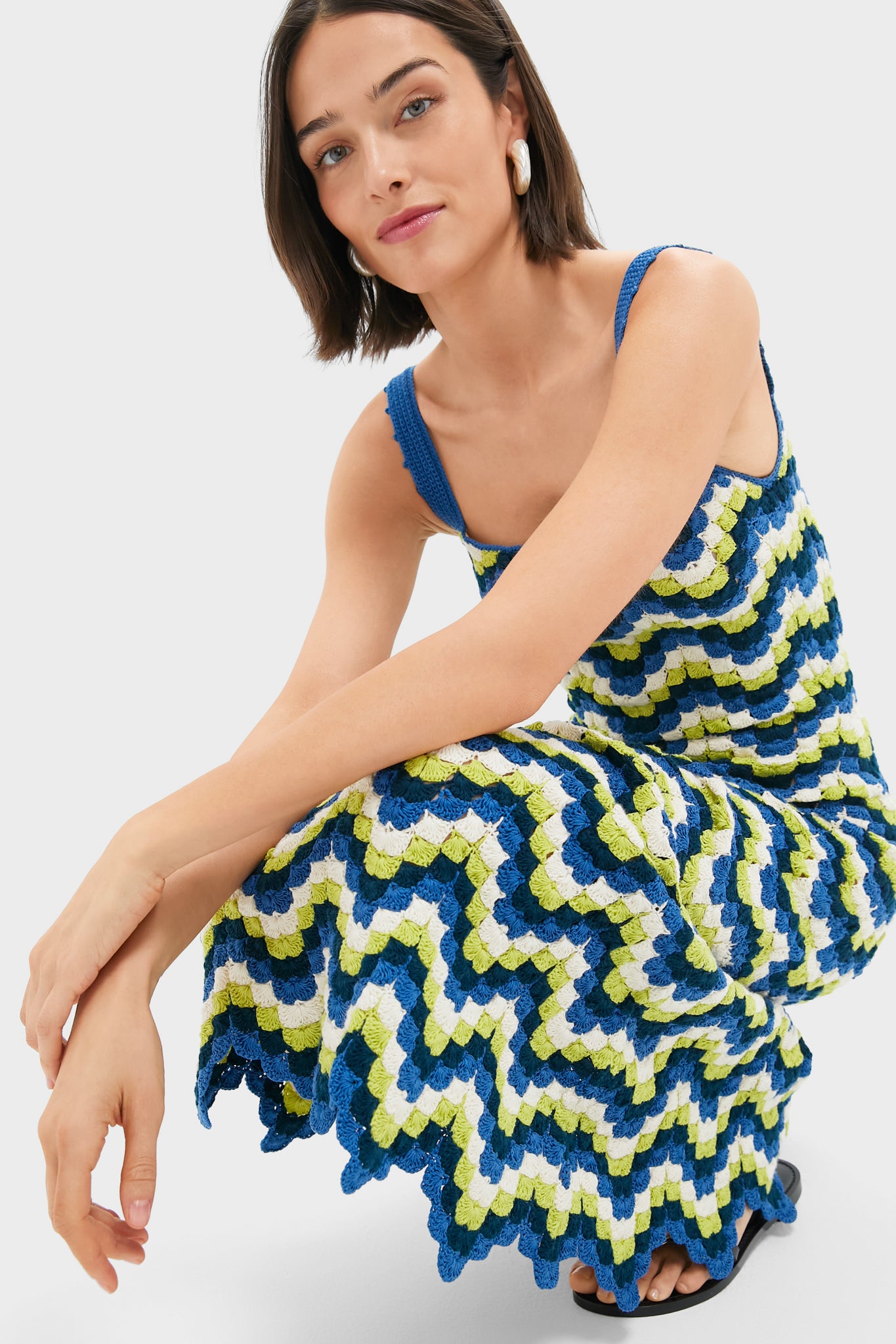 Blues and Lime Green Marea Crochet Maxi Dress for Women - Boho Beach Cover Up, Summer Vacation Outfit, Festival Fashion