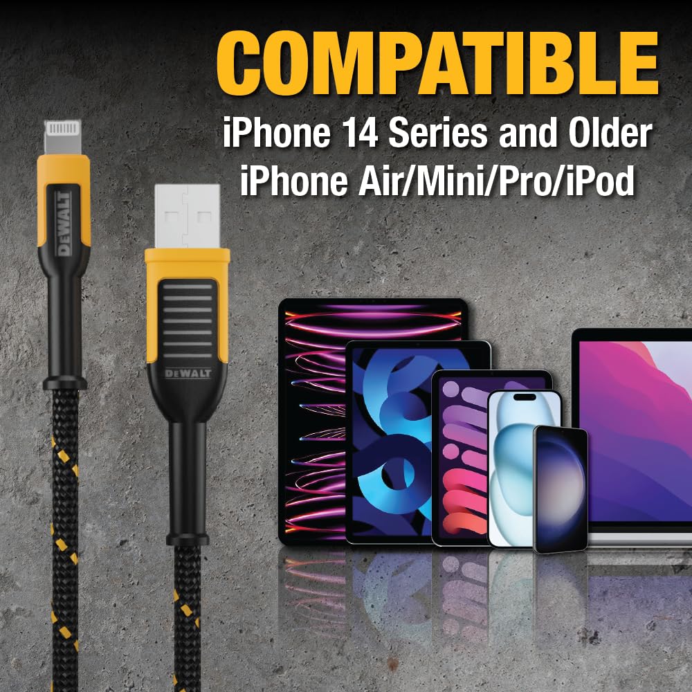 **Durable DEWALT Lightning to USB Cable - Reinforced Braided Charging Cord for iPhone 13/12/11/X/8 & More - Fast Charging & Sync (6ft, USB-A to Lightning) - Perfect for Home, Office & Travel**