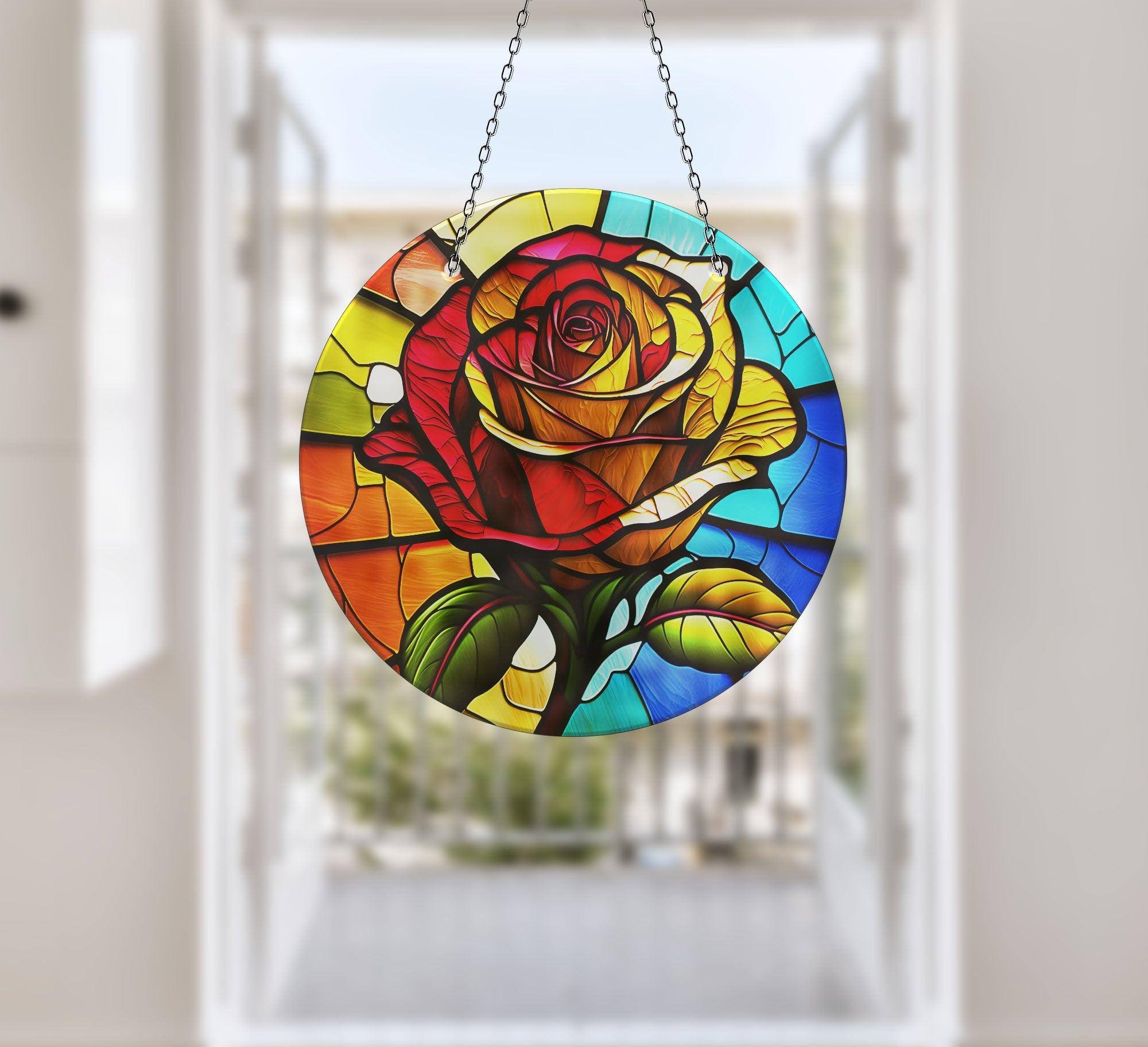 Vibrant Stained Glass Rose Suncatcher - Handmade Window Decor for Home, Office & Garden - Perfect for Gifts, Wedding Decor & Sunshine Display