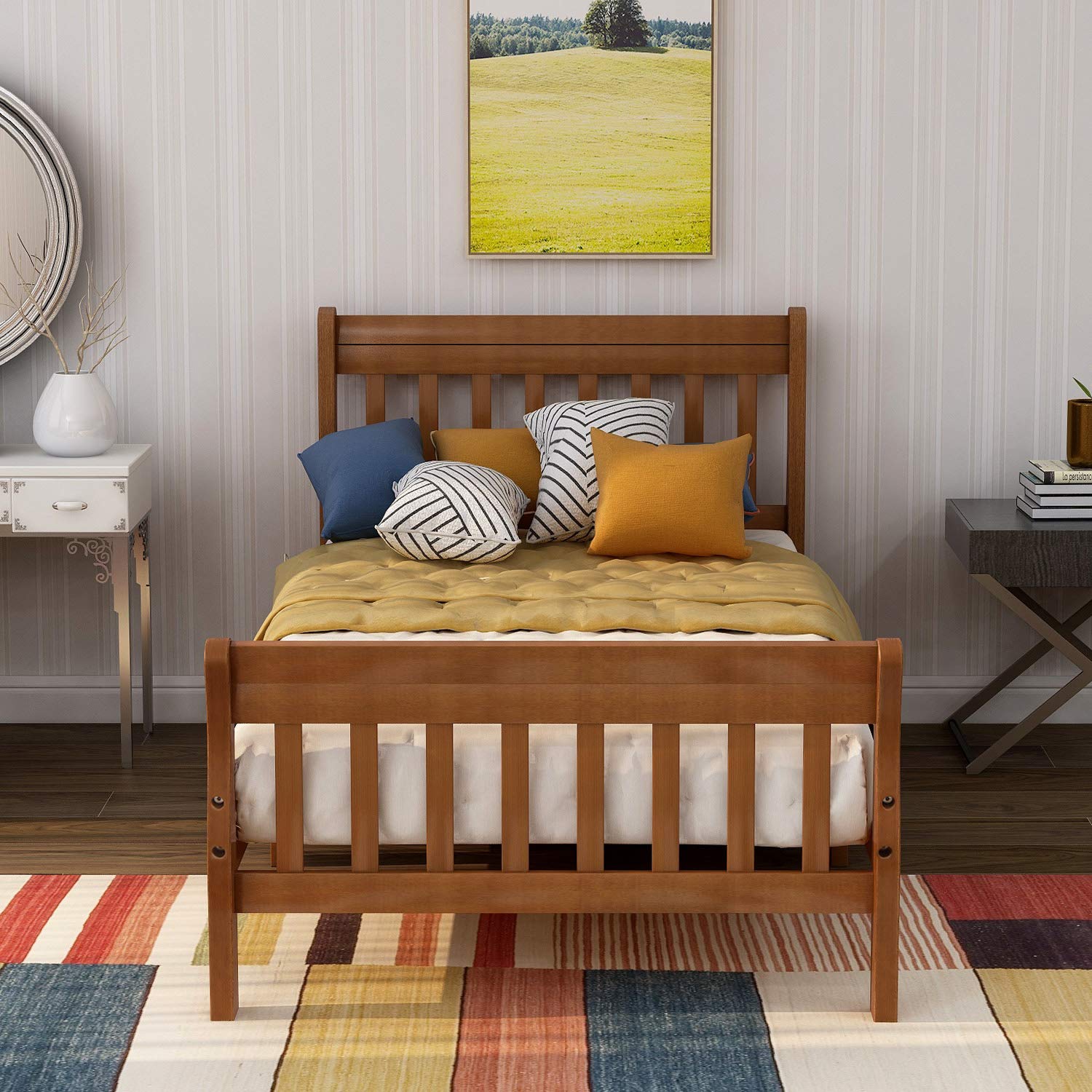 Harper&Bright Designs Twin Sleigh Bed Frame - Solid Wood Platform Bed for Kids with Headboard & Footboard, Oak Stripe Finish - Perfect for Kids' Bedrooms, Guest Rooms & Small Spaces