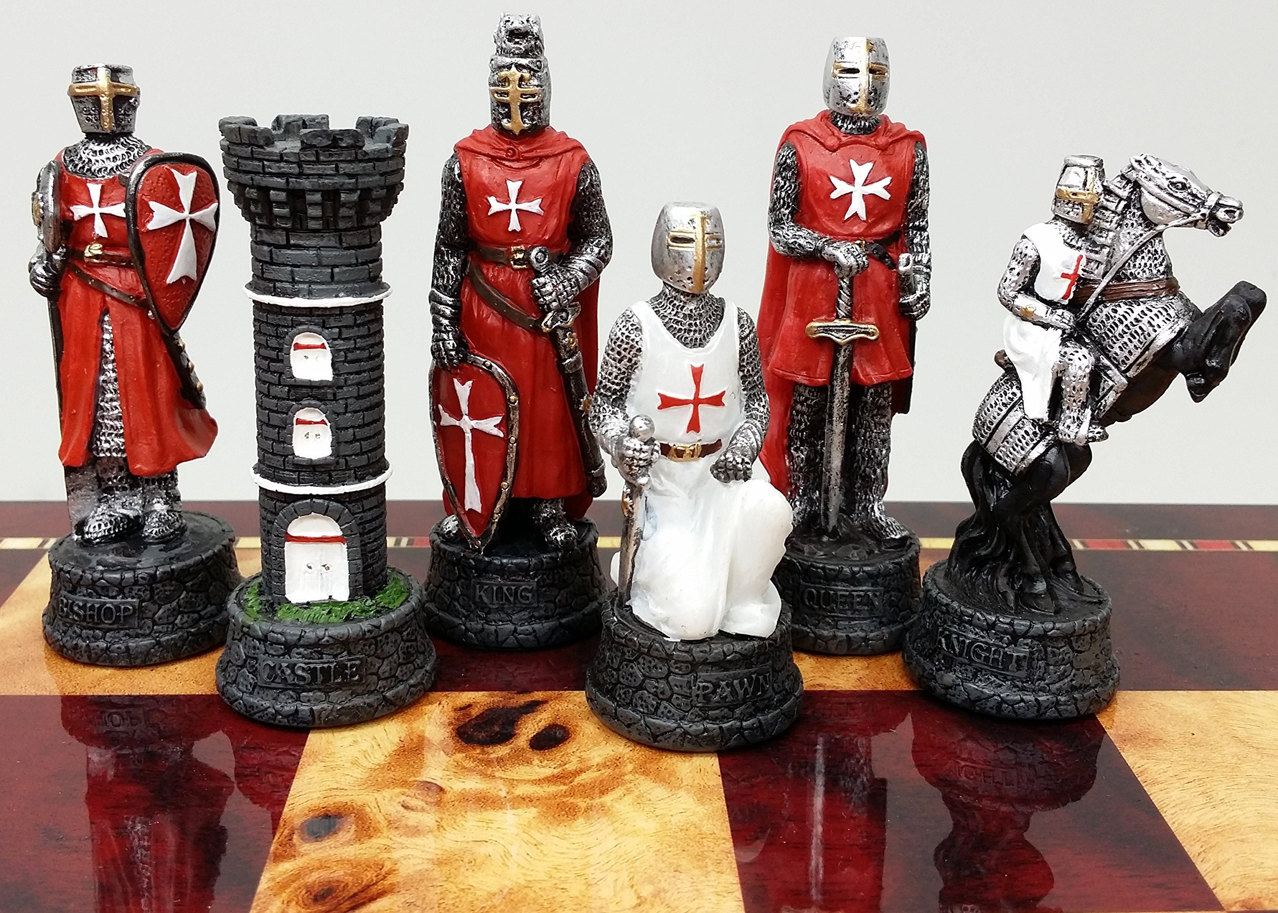 Medieval Knight Chess Set - Red & White Crusades Theme with 17