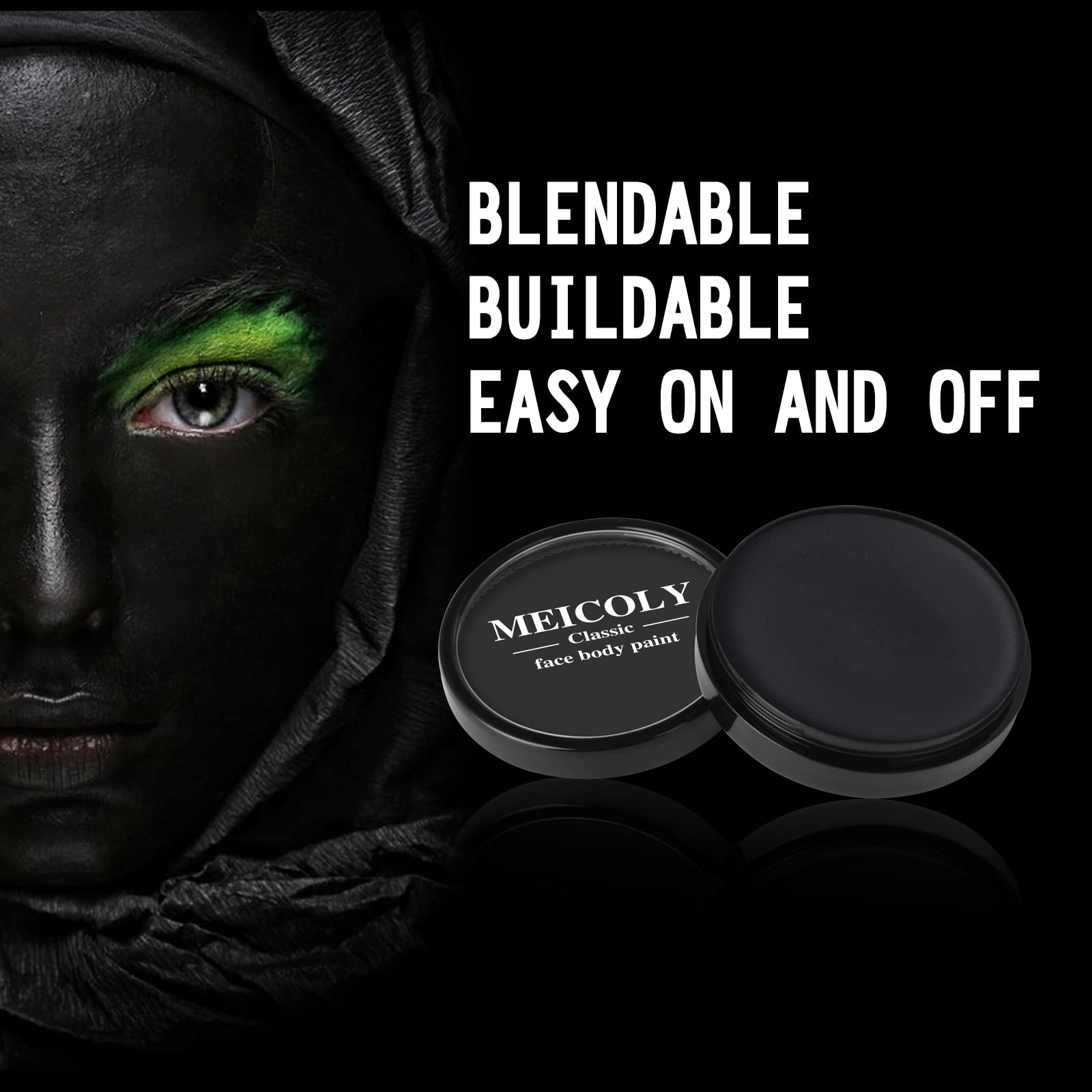 MEICOLY Black Face & Body Paint - 30g/1.05oz Water-Based Washable Makeup for Halloween, Cosplay, SFX & Theater - Safe for Adults & Kids - Perfect for Clown, Joker, Zombie, Vampire & Skeleton Costumes - Easy Wash Off with Soap & Water