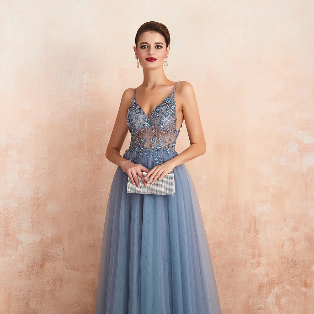 Elegant Sexy V-Neck Backless Evening Dress with Slit & Crystal Beads - Spaghetti Straps Formal Prom Gown for Women - Perfect for Cocktail Parties, Weddings & Special Occasions