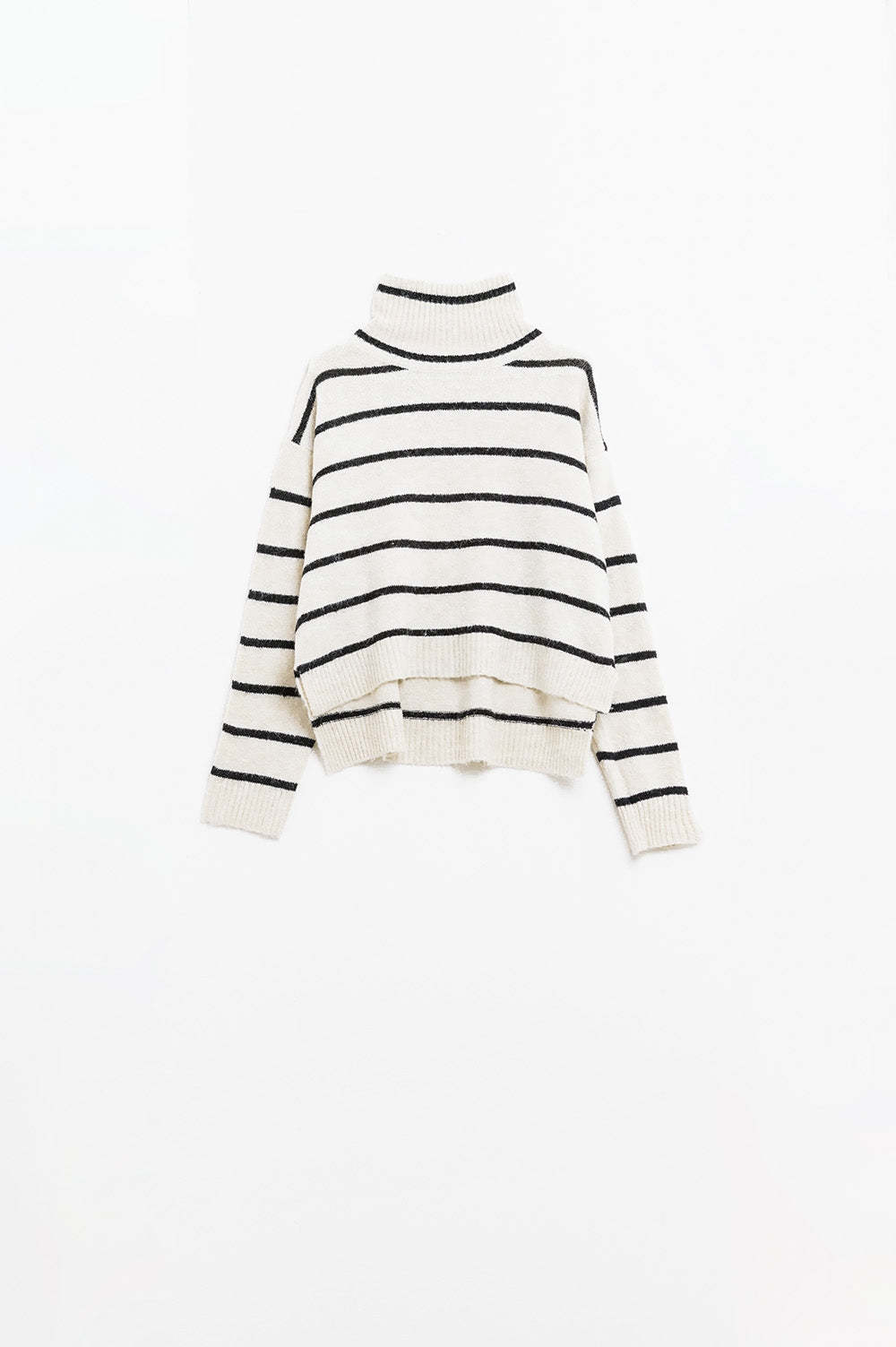 Black Striped High Neck Pullover Sweater - Women's Casual Winter Knitwear for Office & Outings