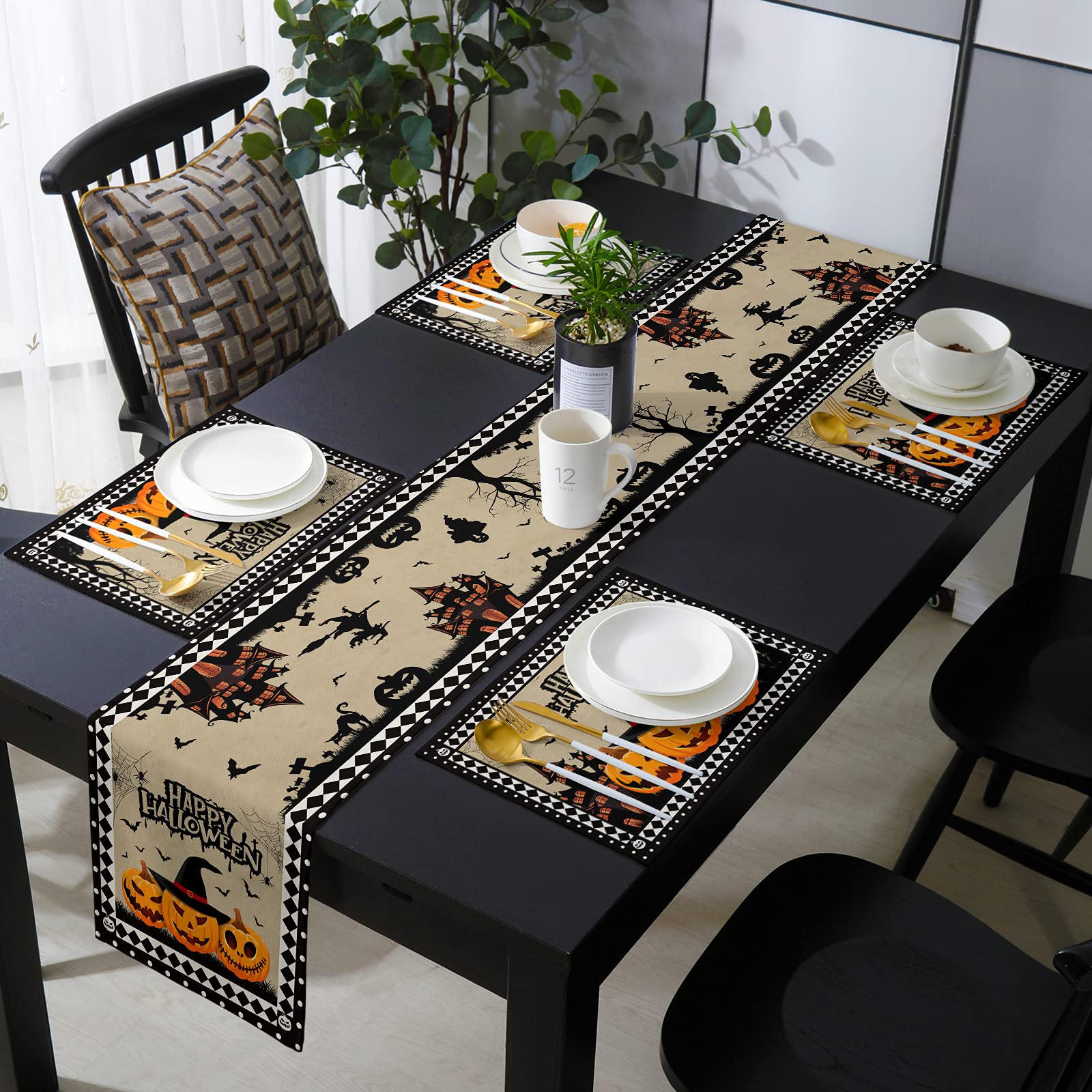 Happy Halloween Table Runner and Placemats Set - 6-Piece Pumpkin & Witch Hat Design with Haunted House Print - 90 Inch Heat-Resistant Cotton Linen Dining Table Runner & Washable Placemats - Perfect for Spooky Dinner Parties, Fall Decor, and Holiday Home Decorating