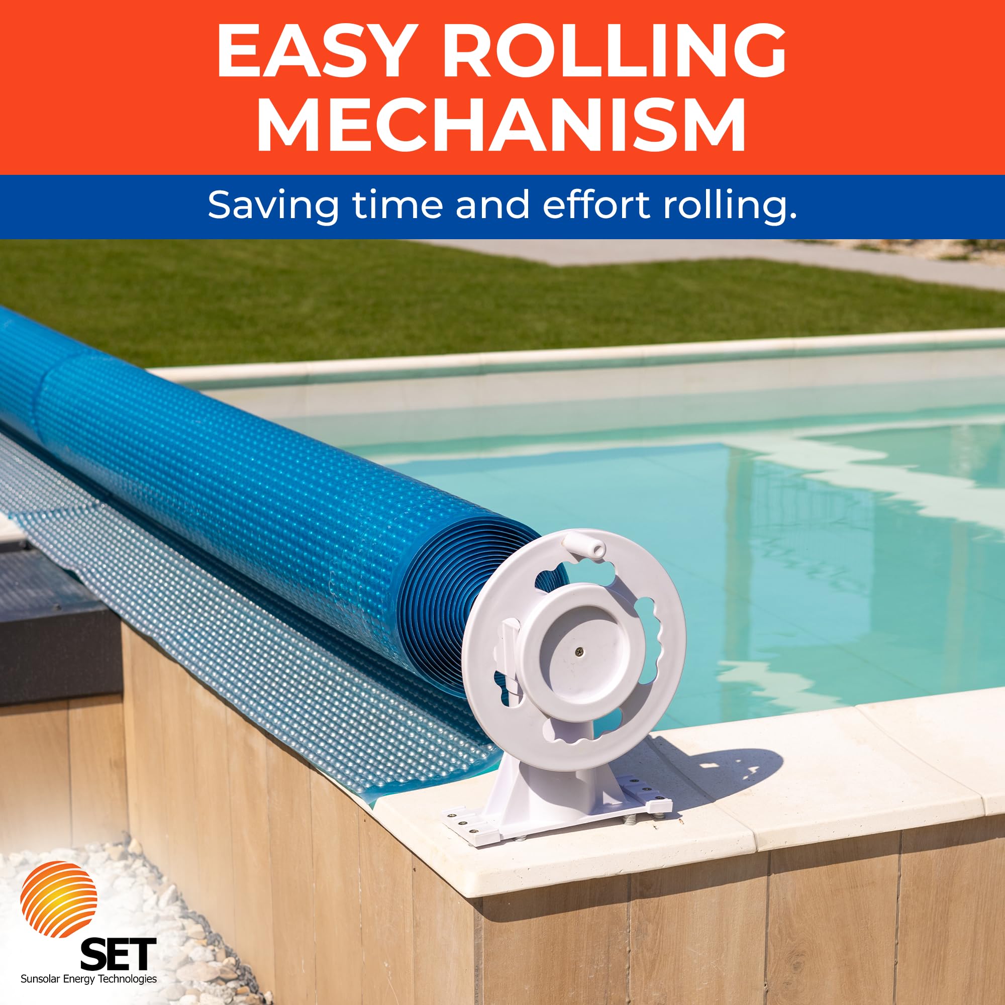SunSolar Solar Cover Reel Kit for Above Ground Pools - Heavy Duty Plastic Wheel Cranks for Easy Pool Cover Rolling - Includes Straps & Clamps - Fits 3-Inch Poles (Pole Not Included) - Perfect for Backyard Pool Maintenance & Winter Protection