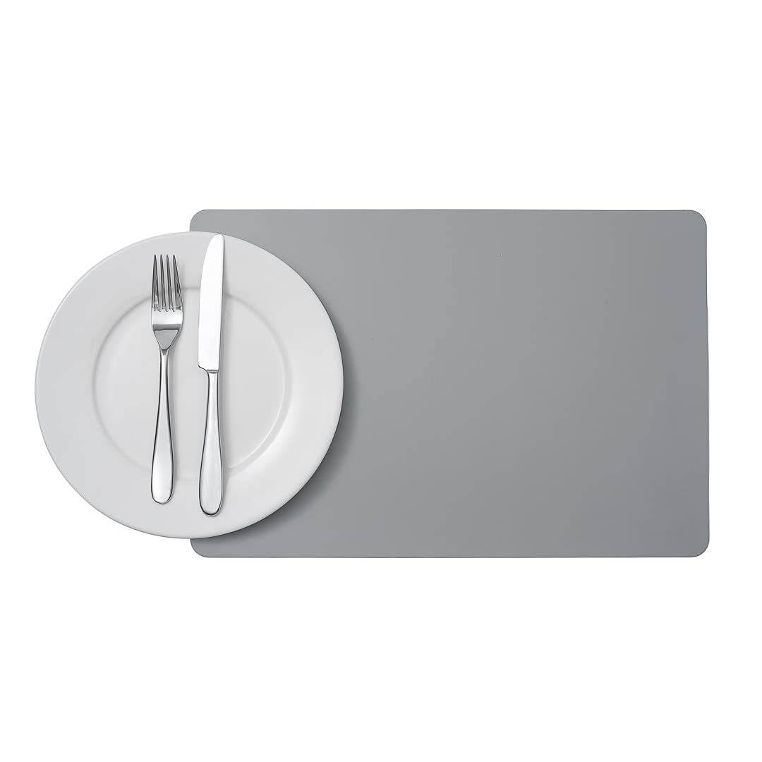16 Inch Table Placemats Set of 6 - Stain-Resistant Embossed Vinyl Placemats with Leather-Like Feel for Dining Tables, Kitchen, Restaurant & Home Use - Gray Rectangular Surface Protectors