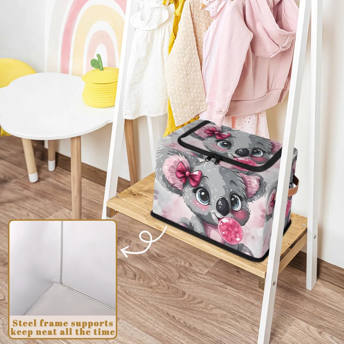 Cute Koala Bow Storage Bins with Zipper Lid - 2pcs Stackable Closet Organizer Baskets with Metal Frame & PU Handles - Perfect for Clothes, Toys, and Home Organization