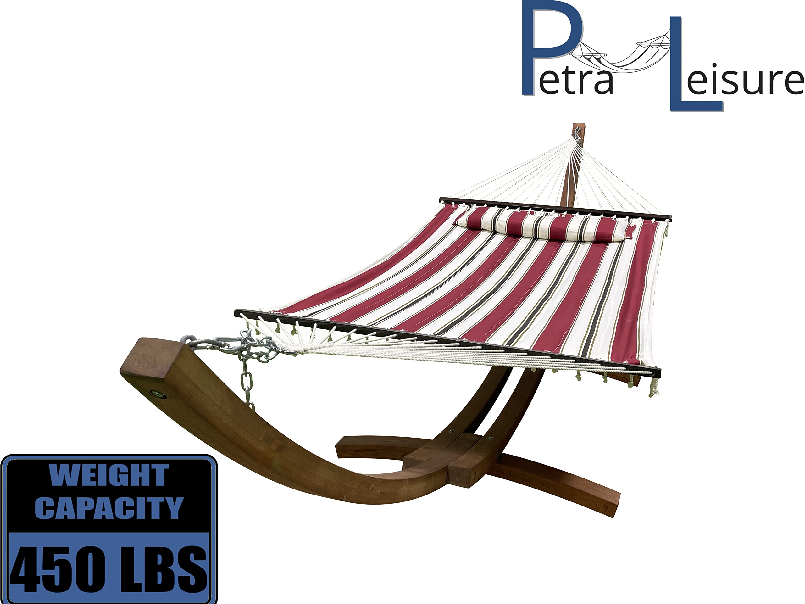 14 Ft. Wooden Arc Hammock Stand with Deluxe Quilted Double Padded Hammock Bed & Pillow - 2 Person Outdoor Hammock 450 LB Capacity (Teak Stain/Elegant Red Stripe) - Perfect for Backyard, Patio, Garden Relaxation & Camping