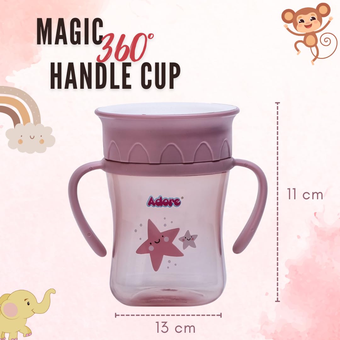 Adore Magic 360 Spoutless Sipper Cup with Handle | Leak-Proof Baby Water Bottle for 6-12 Months | Anti-Spill Straw Cup for Toddlers & Kids | BPA-Free Training Cup (250ml, Pink) | Perfect for Daycare, Travel & Learning Independent Drinking