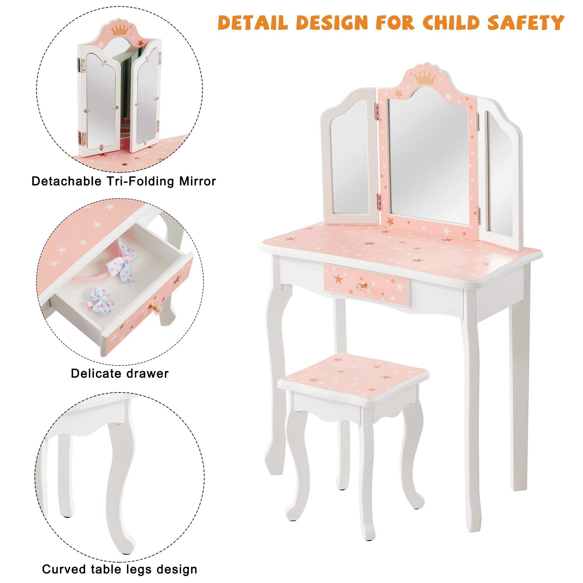 Kids Vanity Table and Chair Set - Girls Princess Makeup Dressing Table with Tri-Folding Mirror, Stool & Drawer | Perfect for Birthday Gifts, Bedroom Decor & Pretend Play (Ages 3-8)
