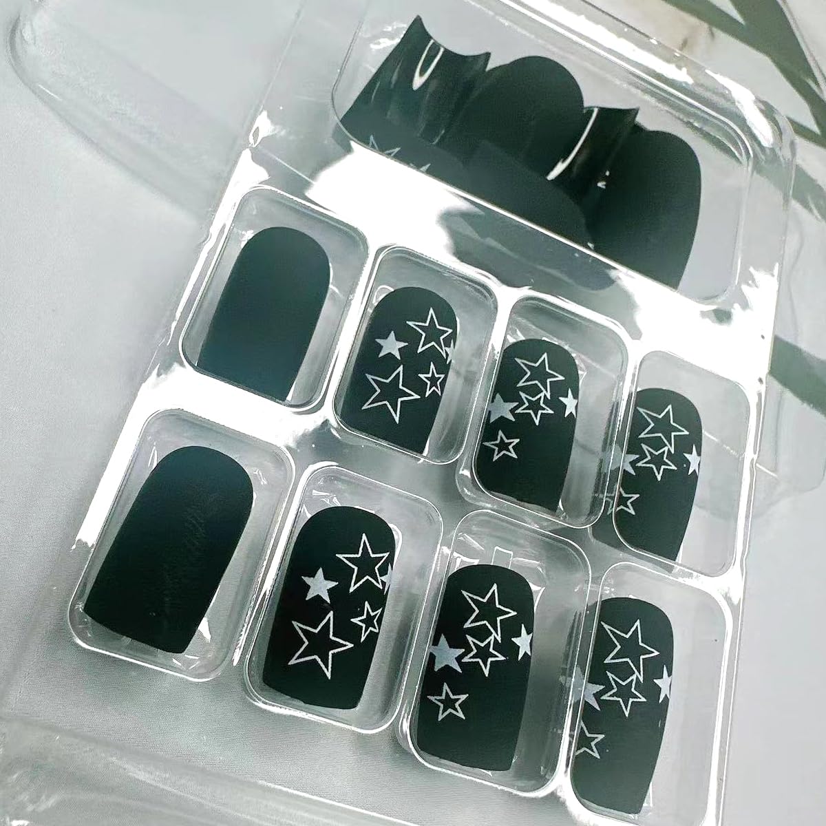Black Matte Star Press on Nails - Medium Coffin Fake Nails with Glue & Shiny Stars | Luxury Glossy False Nails for Women & Girls | Natural Acrylic Nails for Parties, Weddings & Daily Nail Decoration