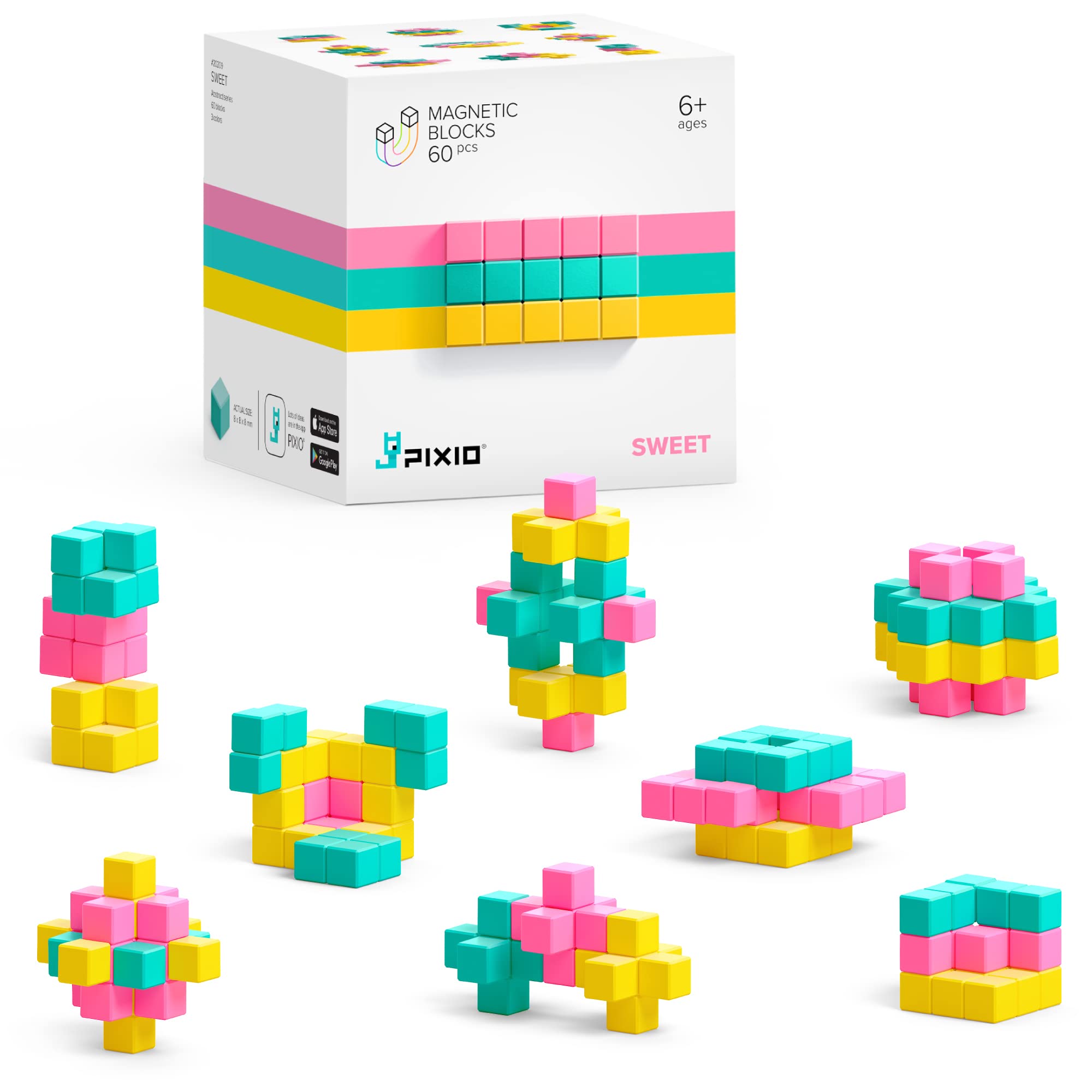 PIXIO Sweet - 60pcs Magnetic Building Blocks Toy for Kids Ages 6+, Pixel Art Style Creative Construction Set with 5/16