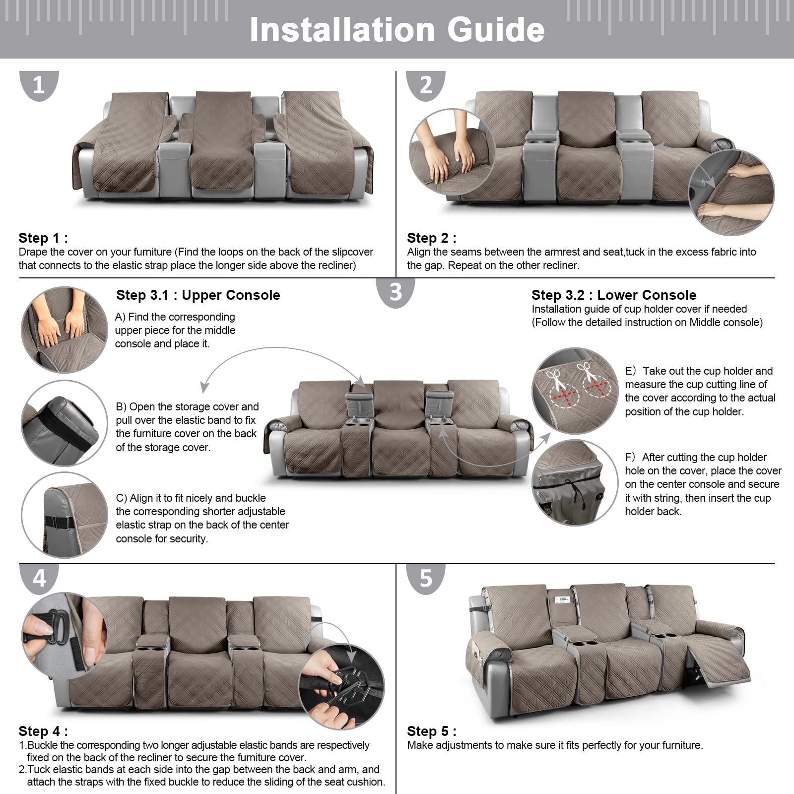 TAOCOCO 100% Waterproof Recliner Sofa Cover with Console - 3 Seater Stretchable Furniture Protector for Pets & Kids, Non-Slip Straps Design, Split Reclining Couch Cover (Taupe) - Perfect for Living Room, Home Theater & Family Gatherings