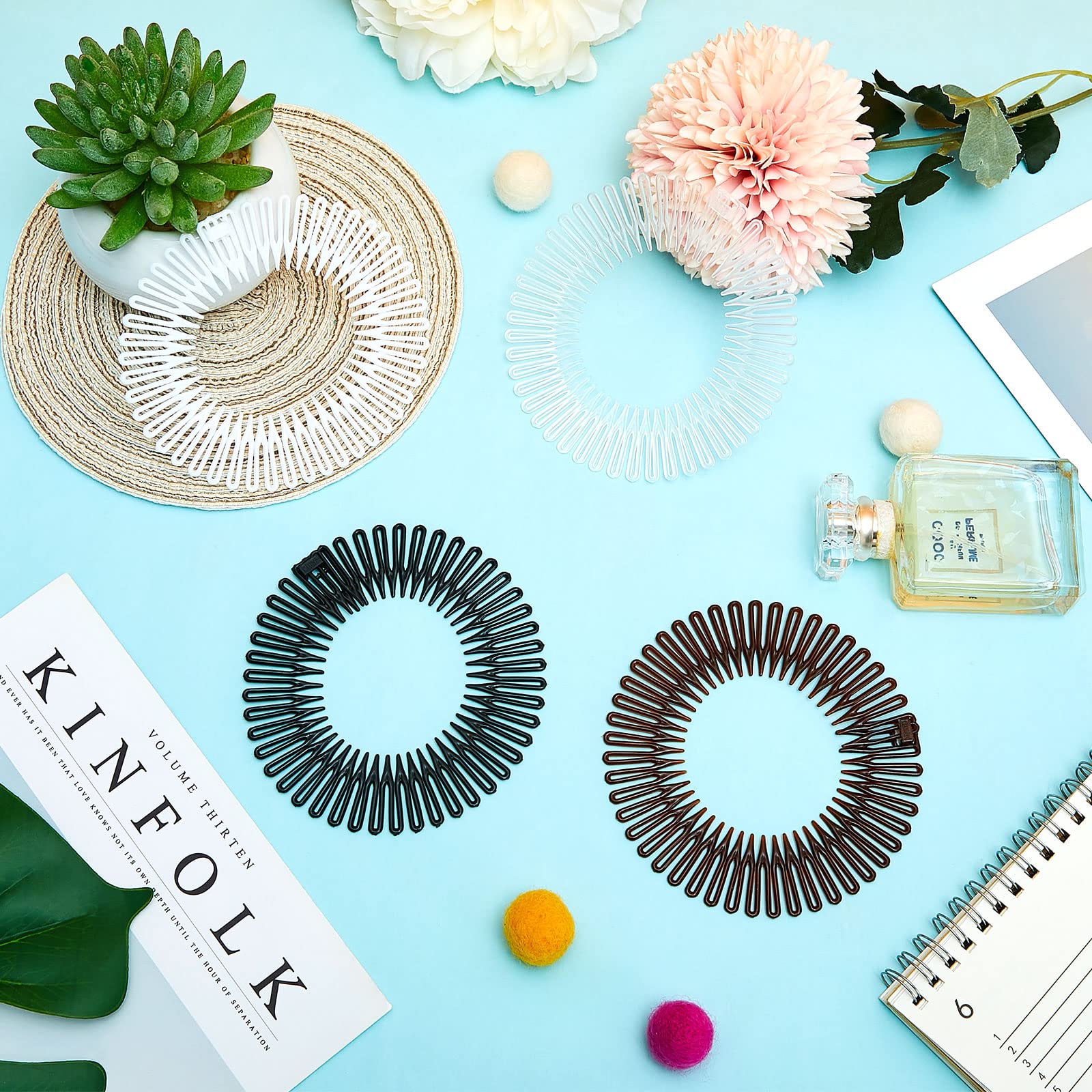 20 Pcs Flexible Circular Stretch Comb Headbands - 90s Retro Hair Accessories for Women, Yoga, Sports (Black, Coffee, Clear, White) | Perfect for Workouts, Dance, and Everyday Styling