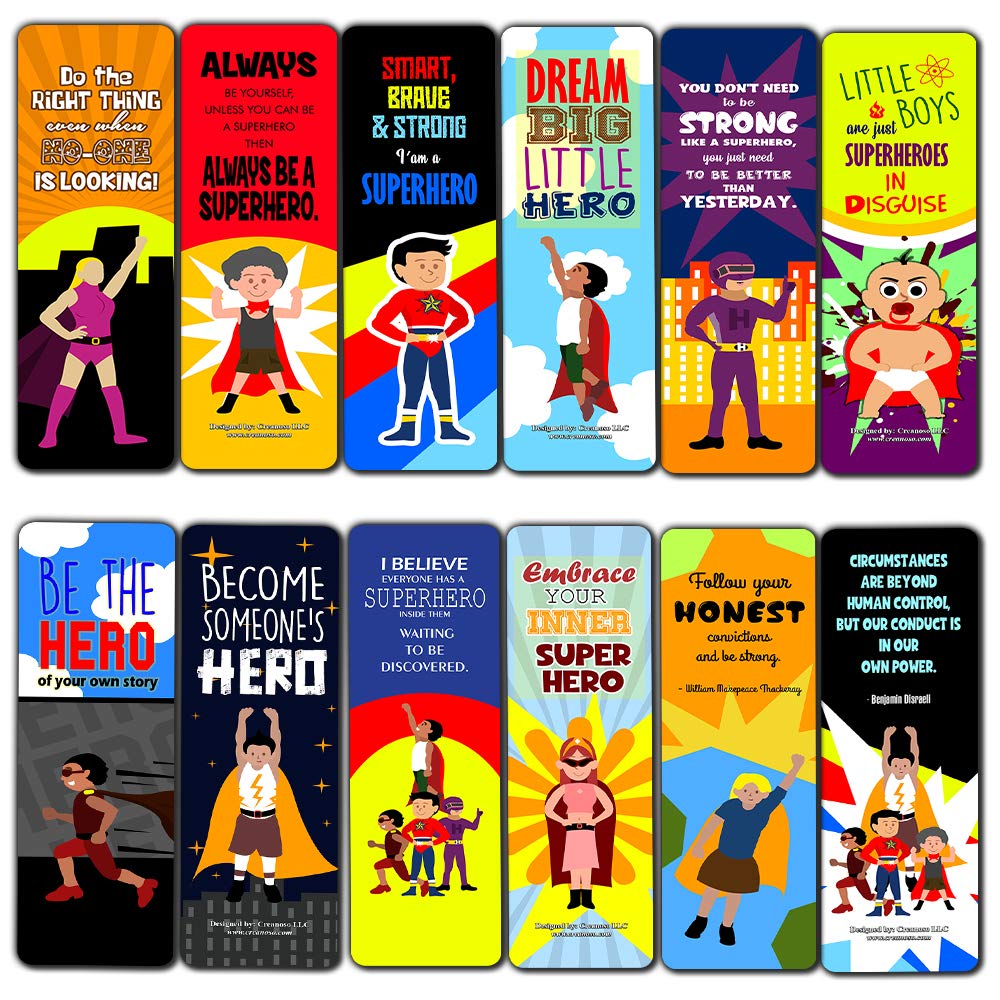 Creanoso Superhero Bookmarks for Kids (12-Pack) | Premium Bookmark Gift Set for Boys & Girls | 6 Unique Designs | Cool Reading Accessories for Classroom, Birthday Party Favors & Book Lovers